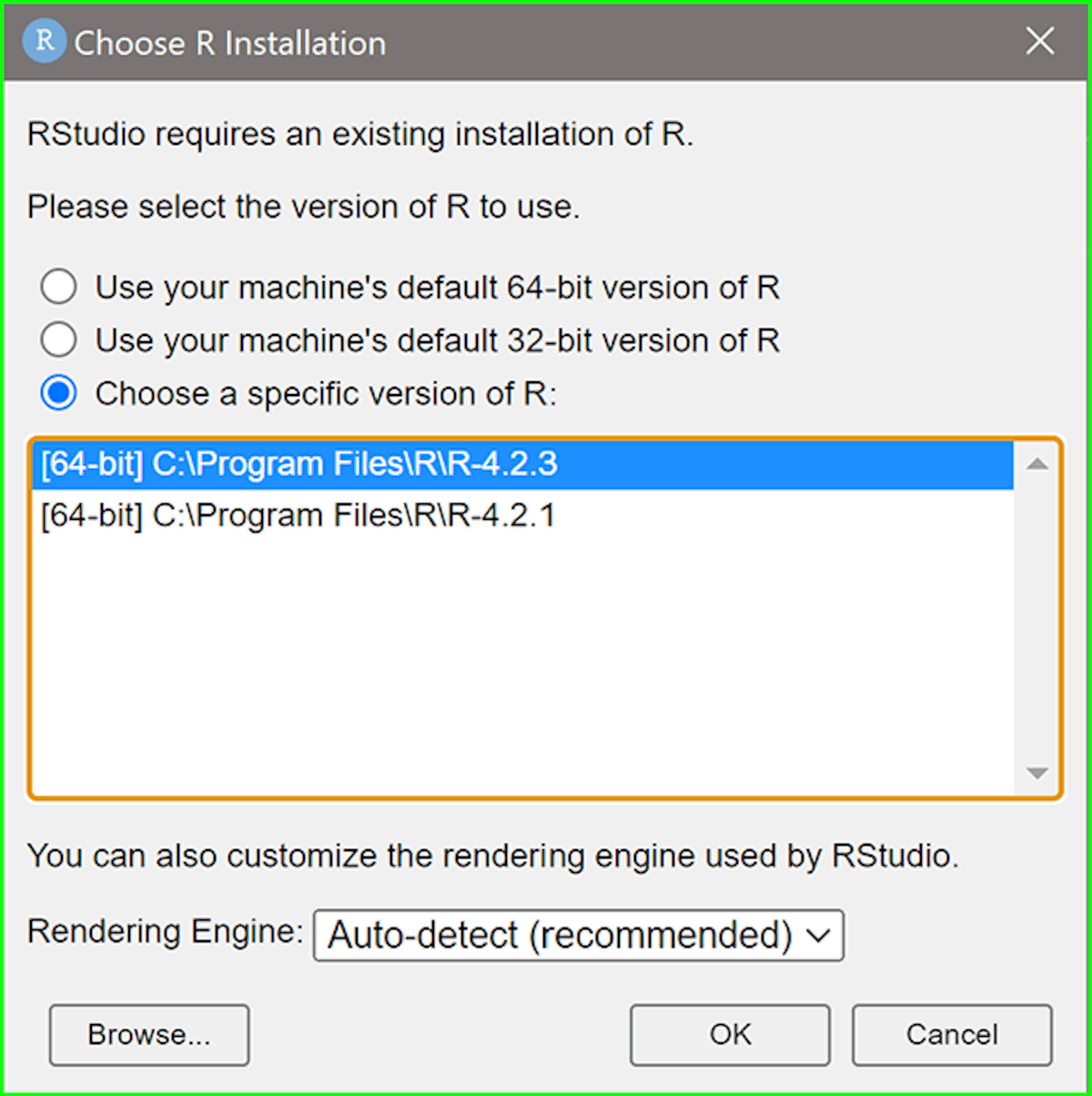 RStudio window - select specific version of R