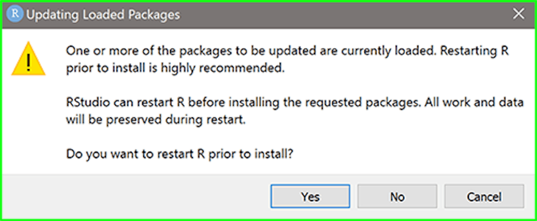 RStudio warning window to restart R.