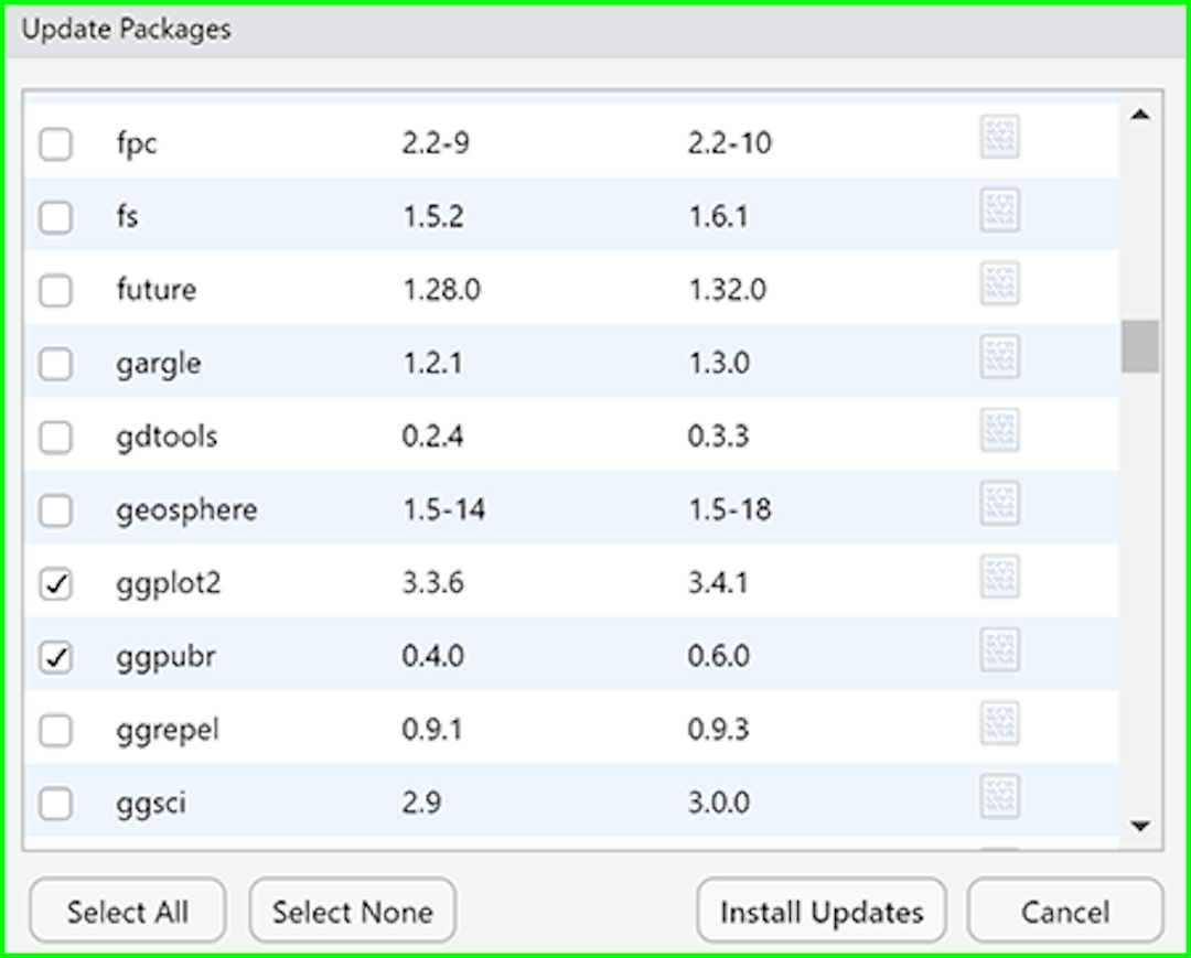 RStudio - Update Packages window with 2 selected packages.