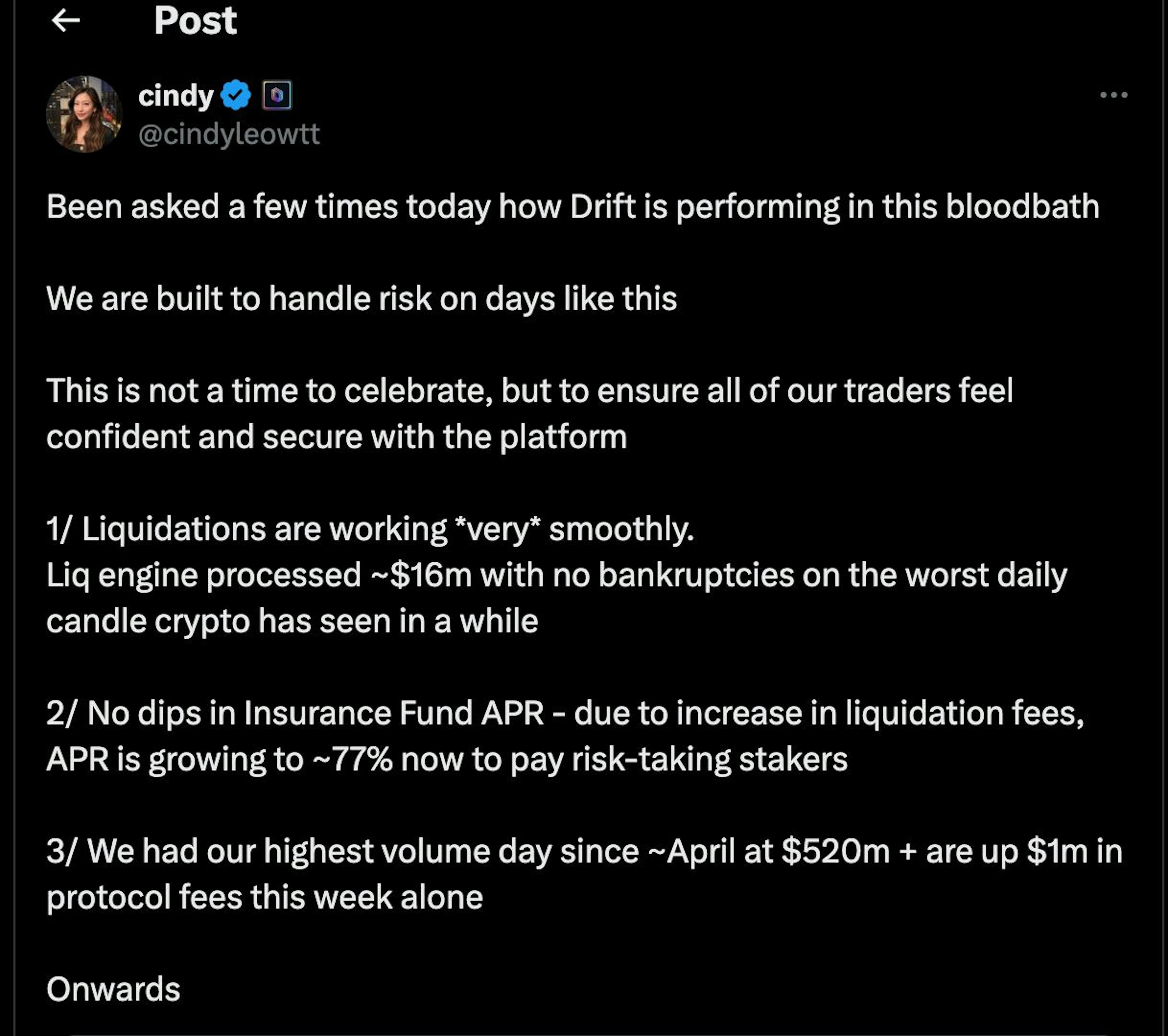 Post on X by Drift's CEO last week during the general market downtime.