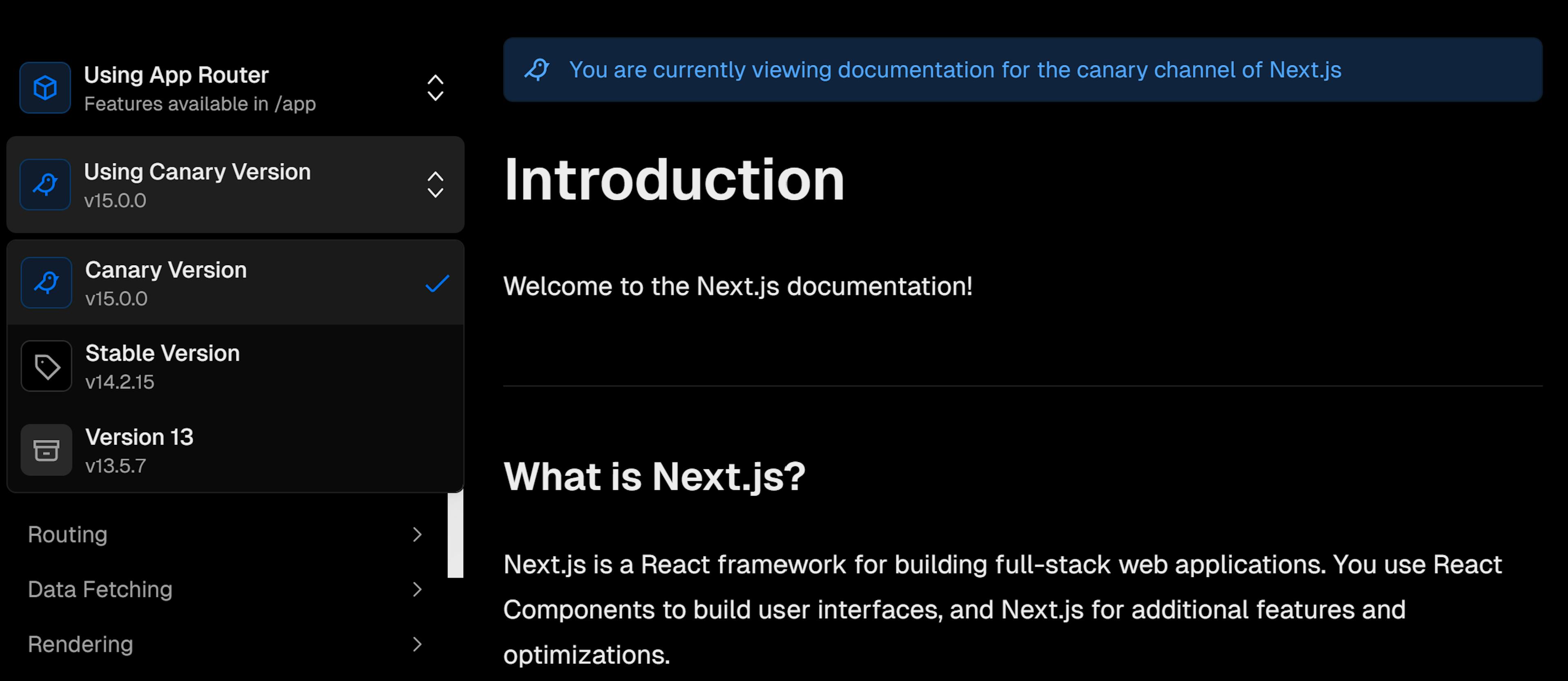 Next.js documentation versioning - nextjs.org/docs