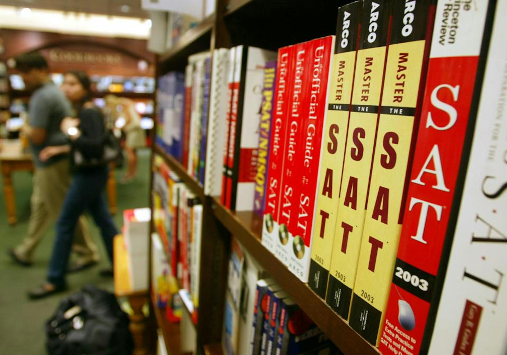 SAT preparation books sit on a shelf at a Barnes and Noble store in New York City. (