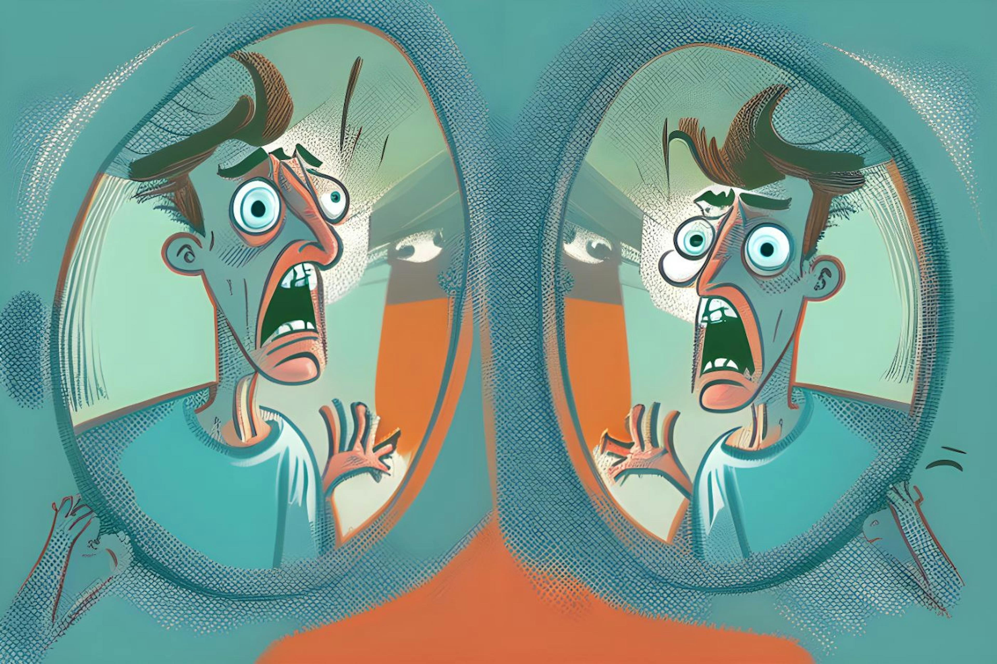 Cartoonish man looking into a mirror Image