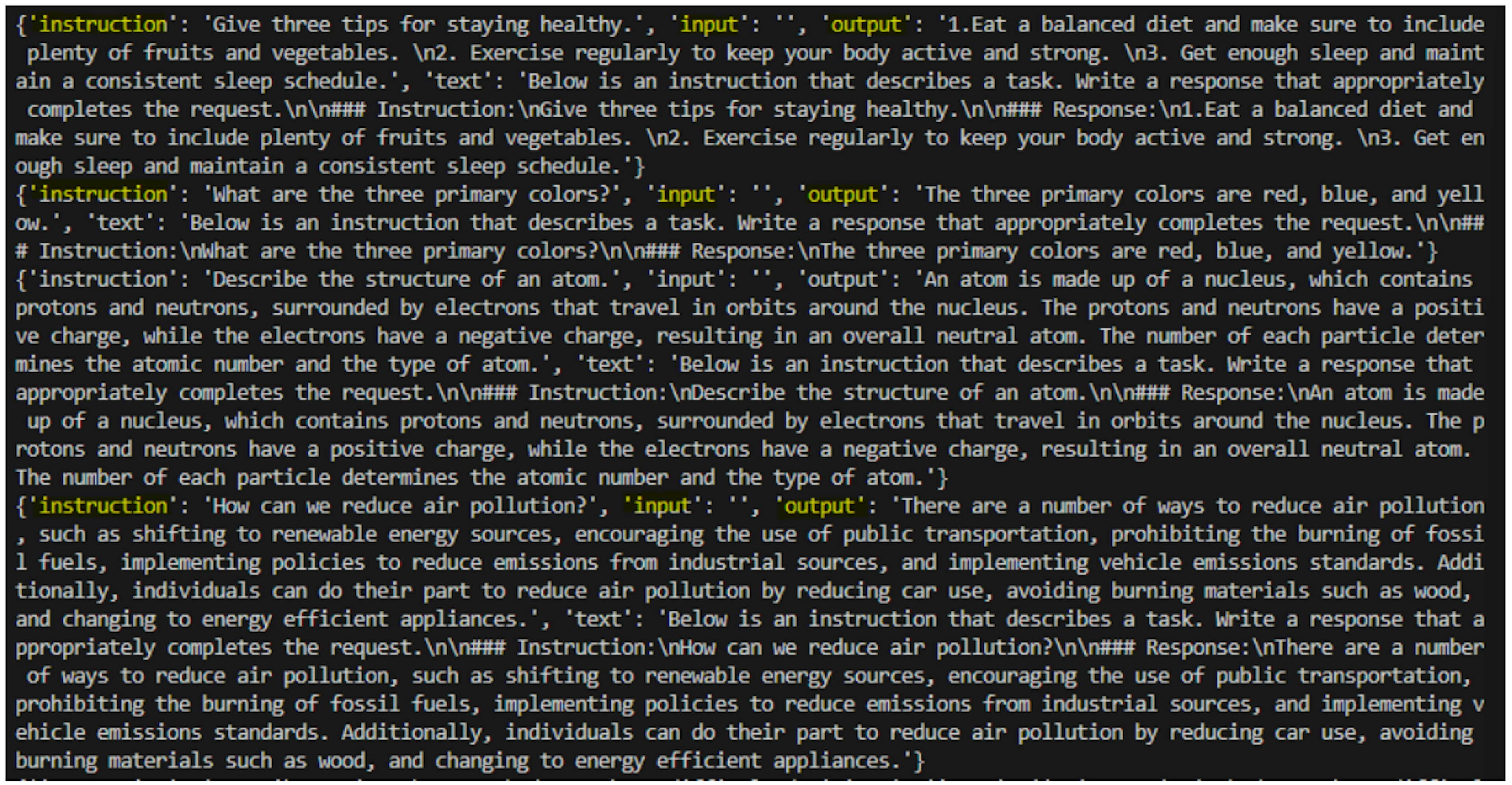 Instruction fine tuning data set