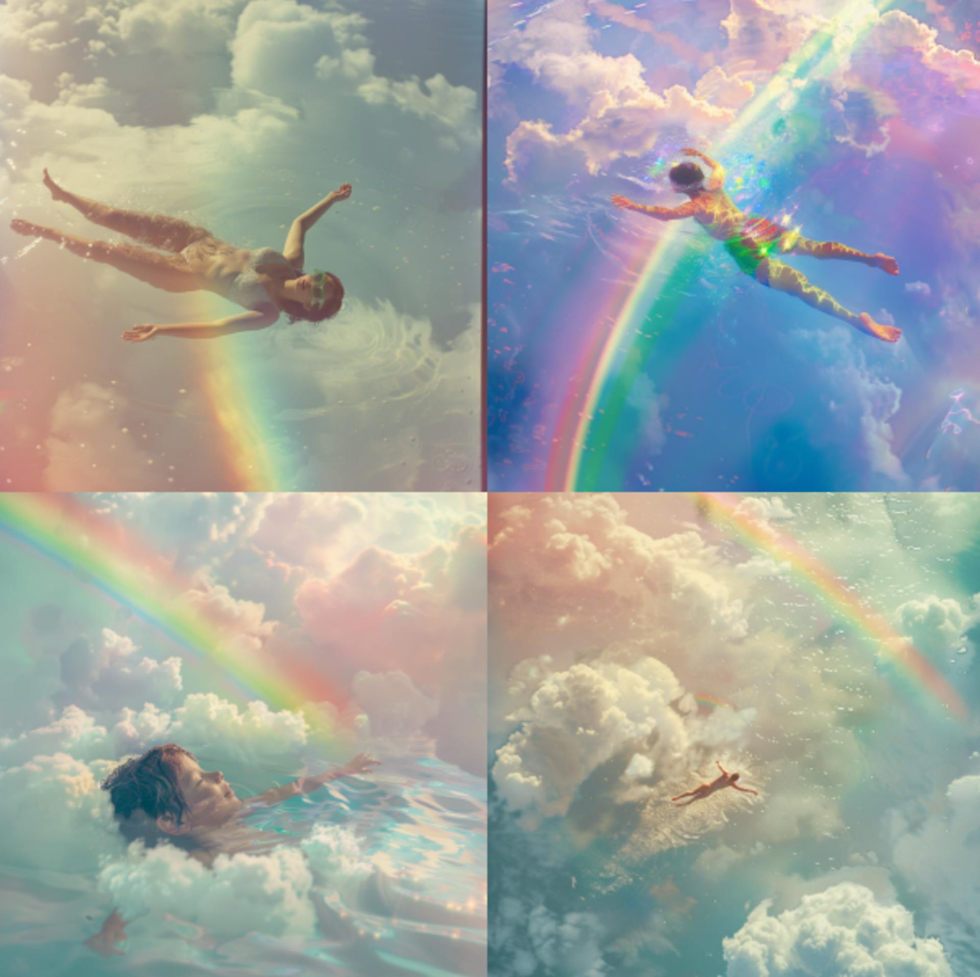 prompt – in den Wolken schwimmen, neben einem Regenbogen, filmisch