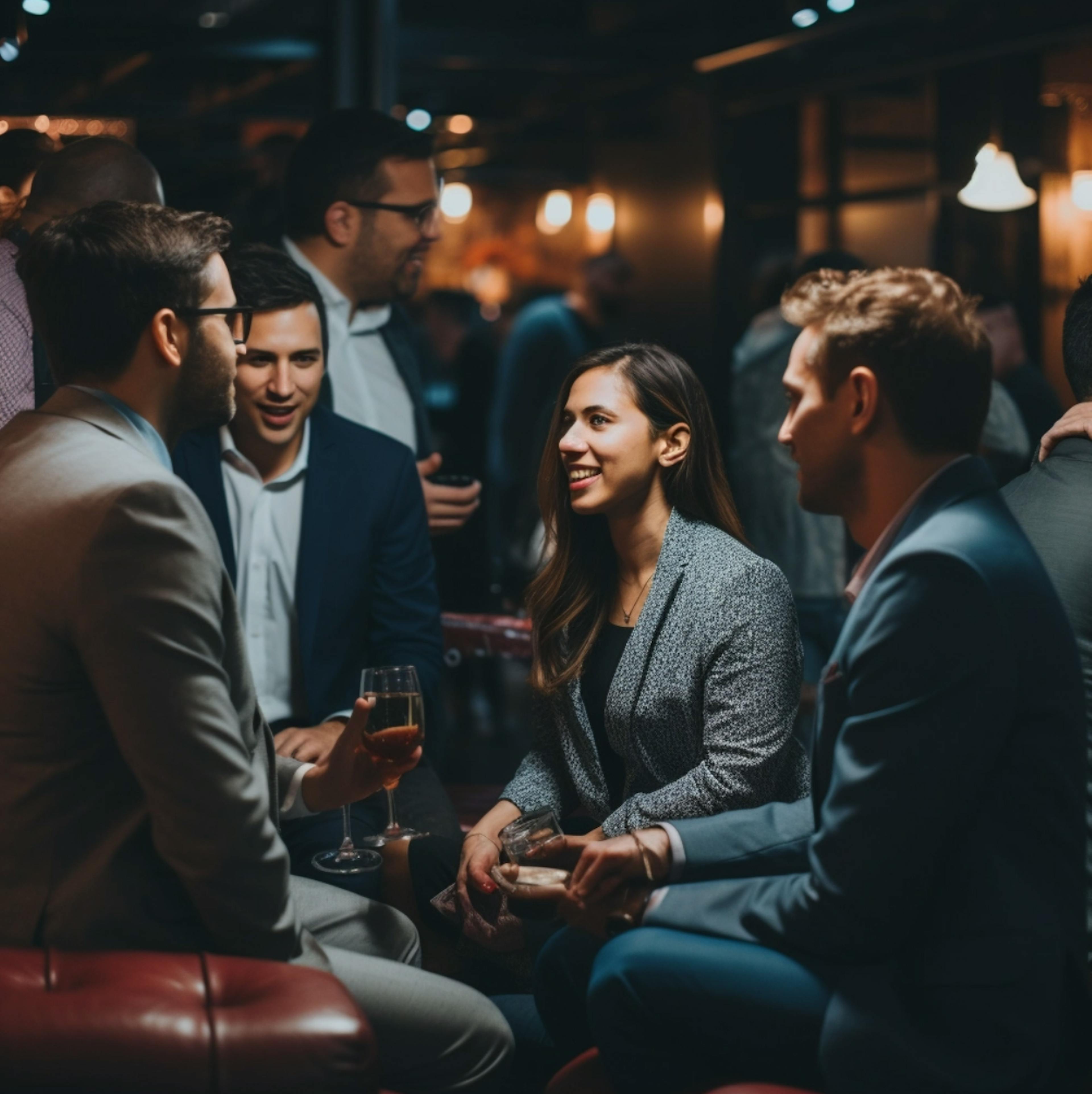 Prompt - group of venture capital investors socializing during a meetup in San Francisco