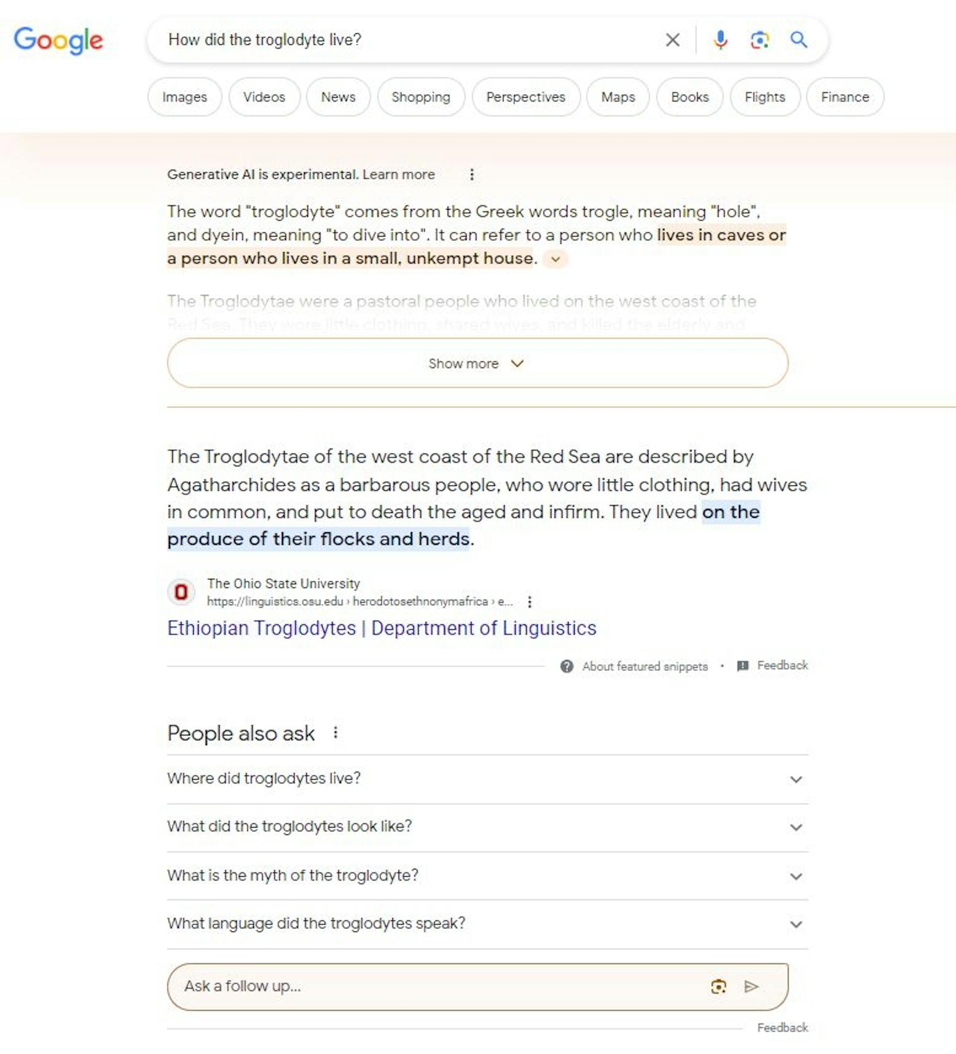Google SGE Beta search results non-expanded