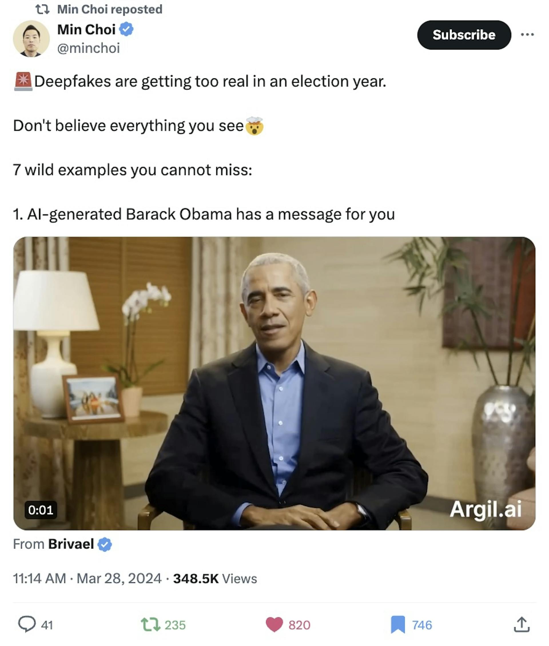 A continuación móstrase unha publicación X que mostra un deepfake de Barack Obama. A publicación tamén mostra o real que son os outros deepfakes publicados alí.