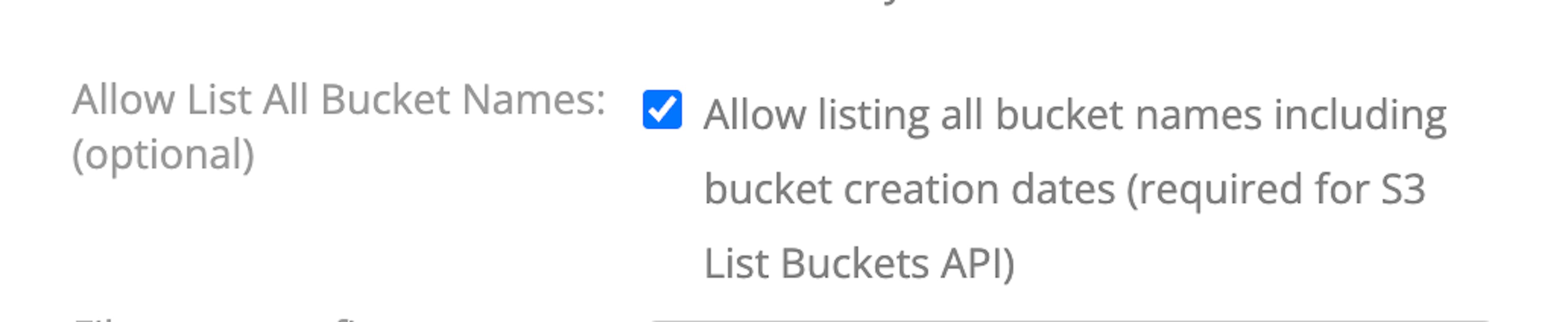 Attention! If you choose to give access to a specific bucket, make sure to check the Allow List All Bucket Names checkbox, otherwise you will encounter an error when configuring backups in Virtualmin.
