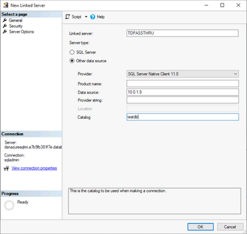 Linked server configuration SSMS