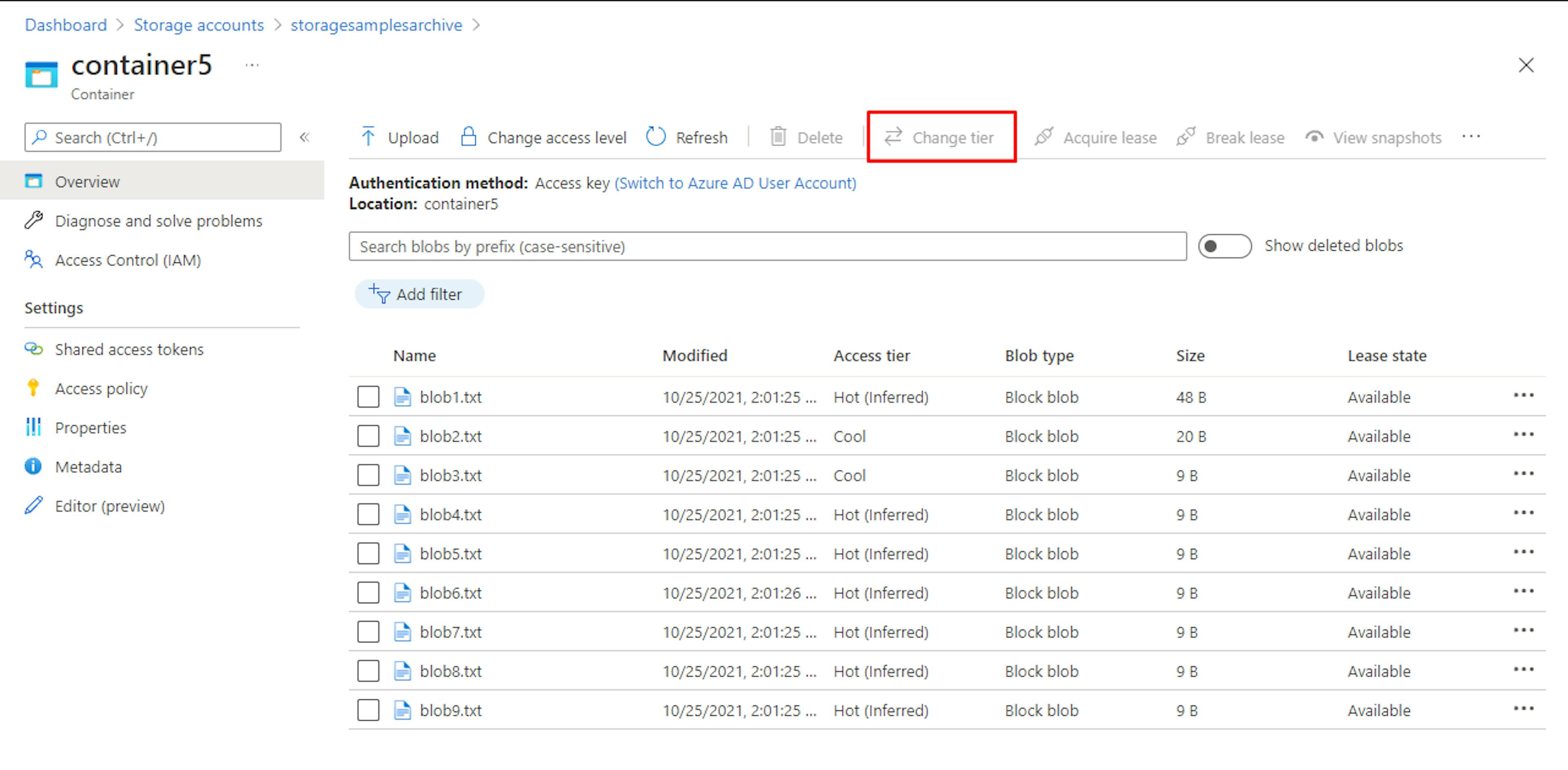 Azure blob container change tier