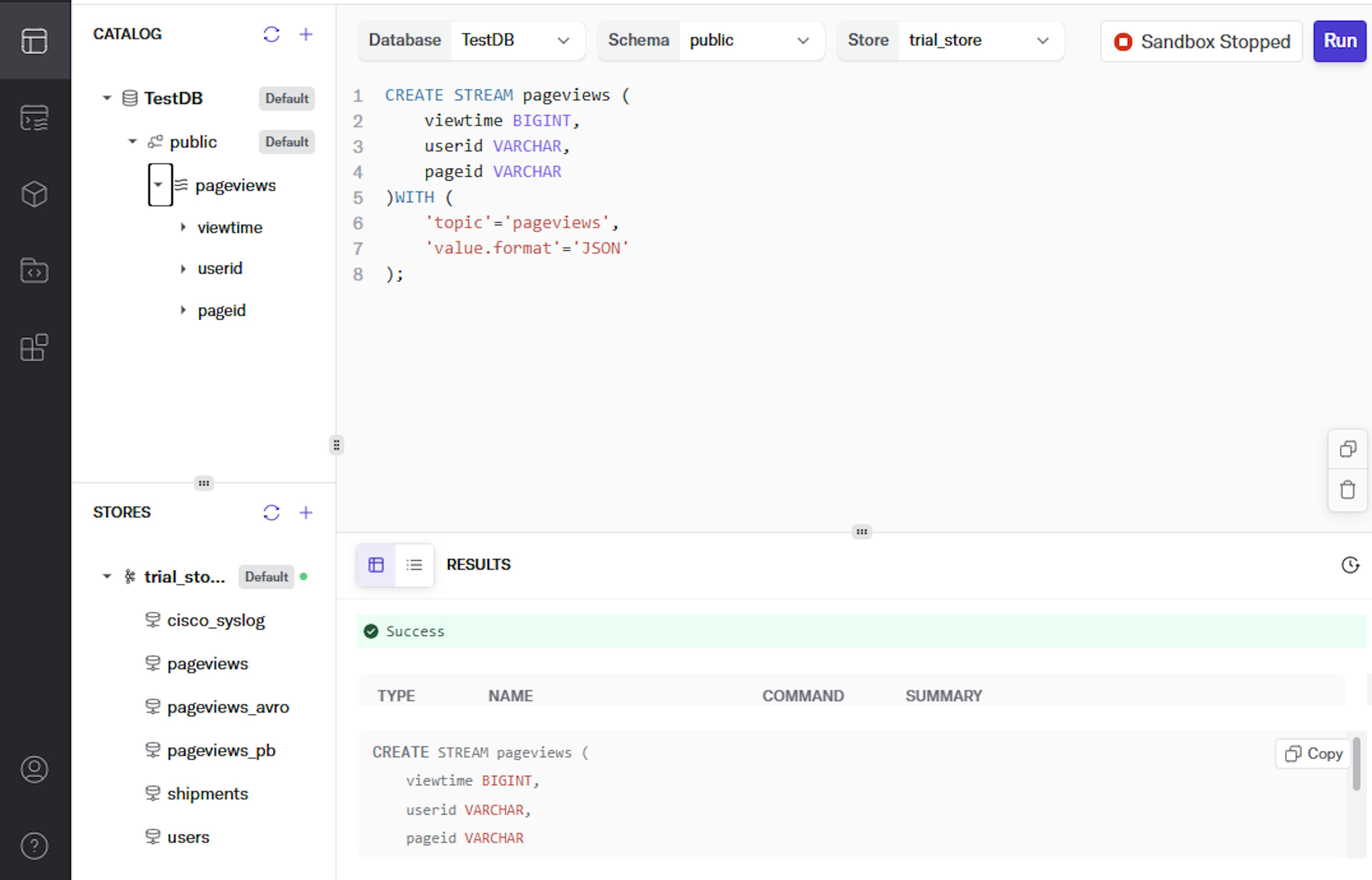 DeltaStream Stream creation example