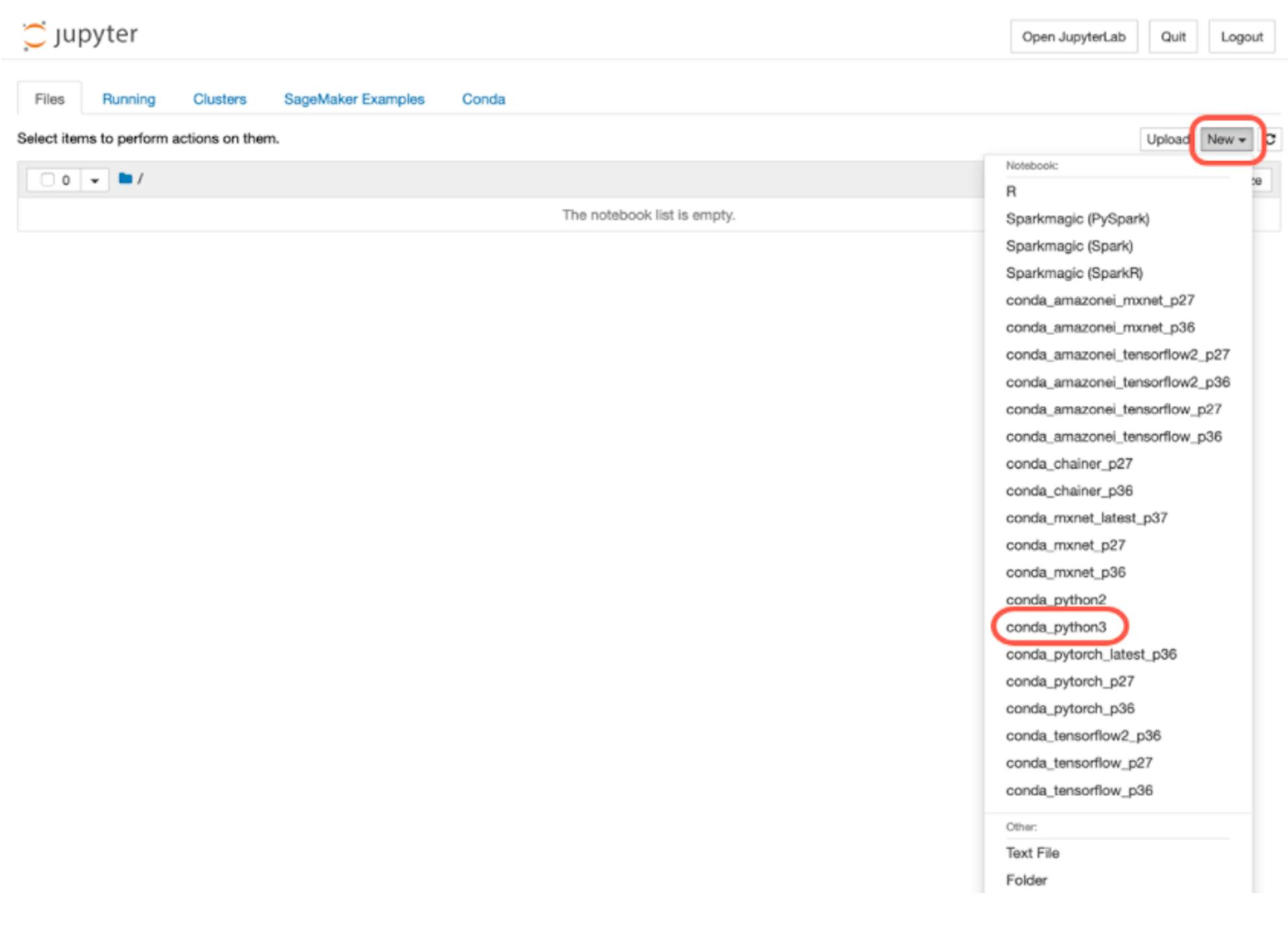 Opening up a new notebook from conda_python3