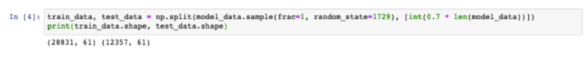 Code to shuffle and split the data into the training data and test data