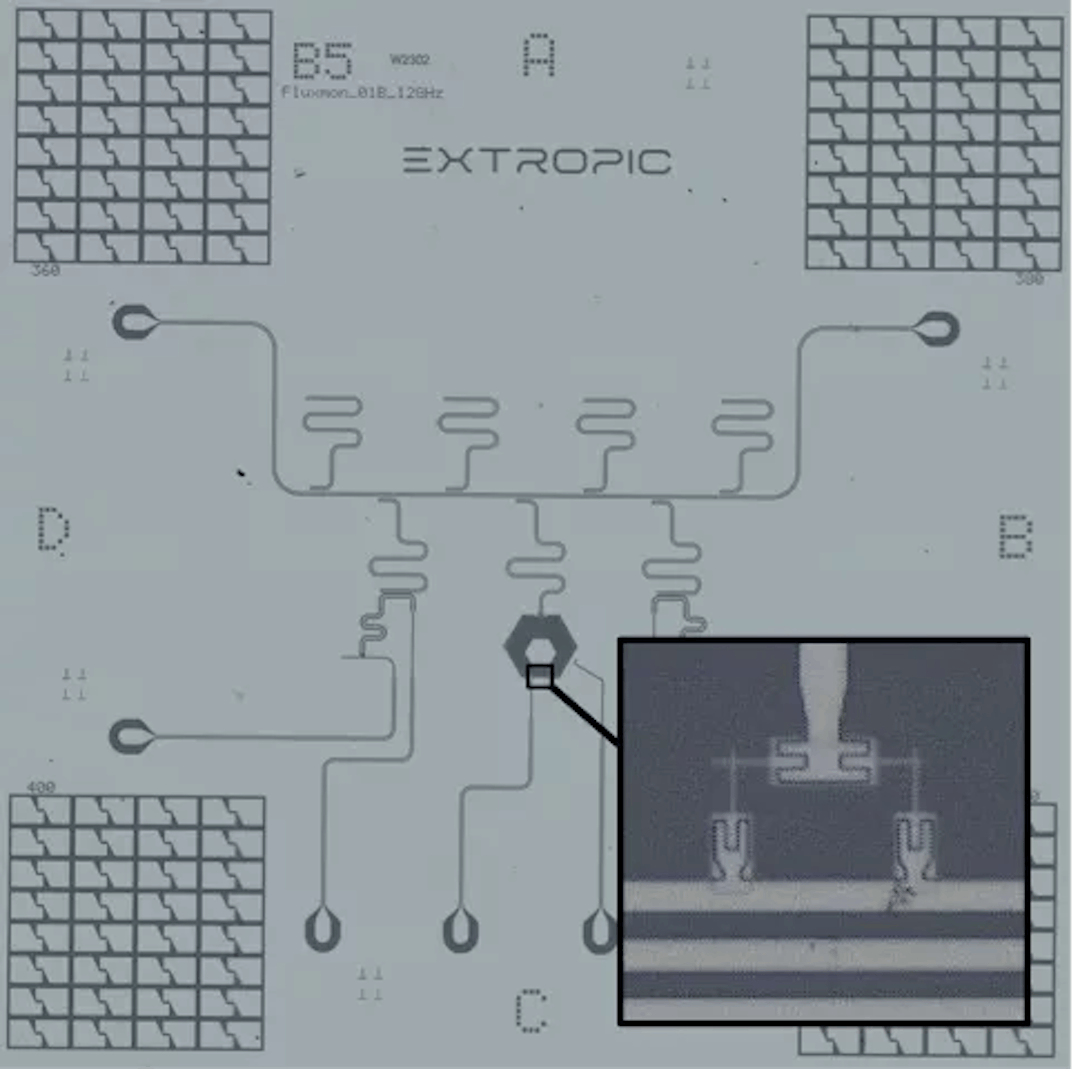 Microscope image of an Extropic chip from https://www.extropic.ai/future