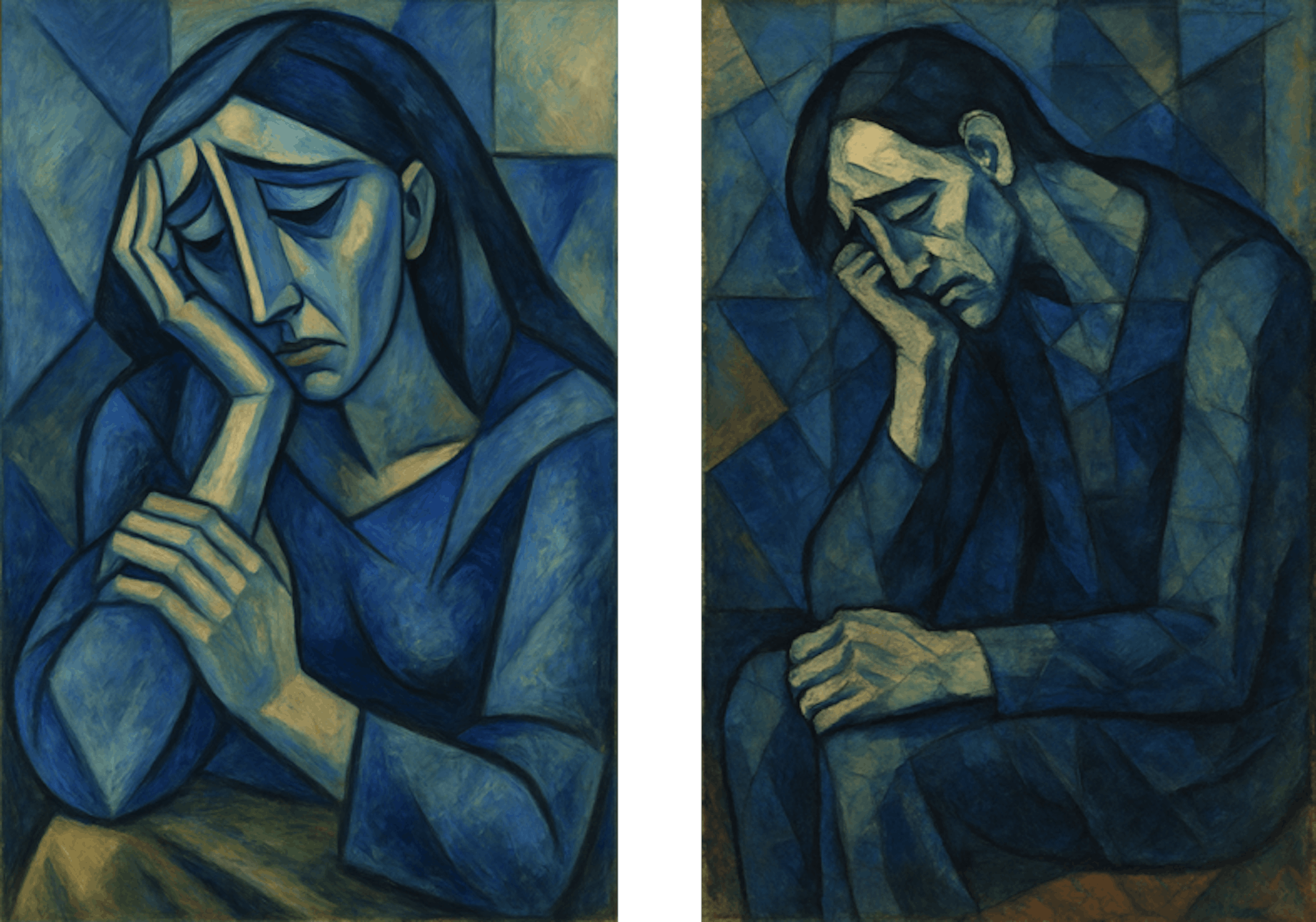 Generated by Dall-E 3 using prompts: Generate sad photos in Pablo Picasso style
