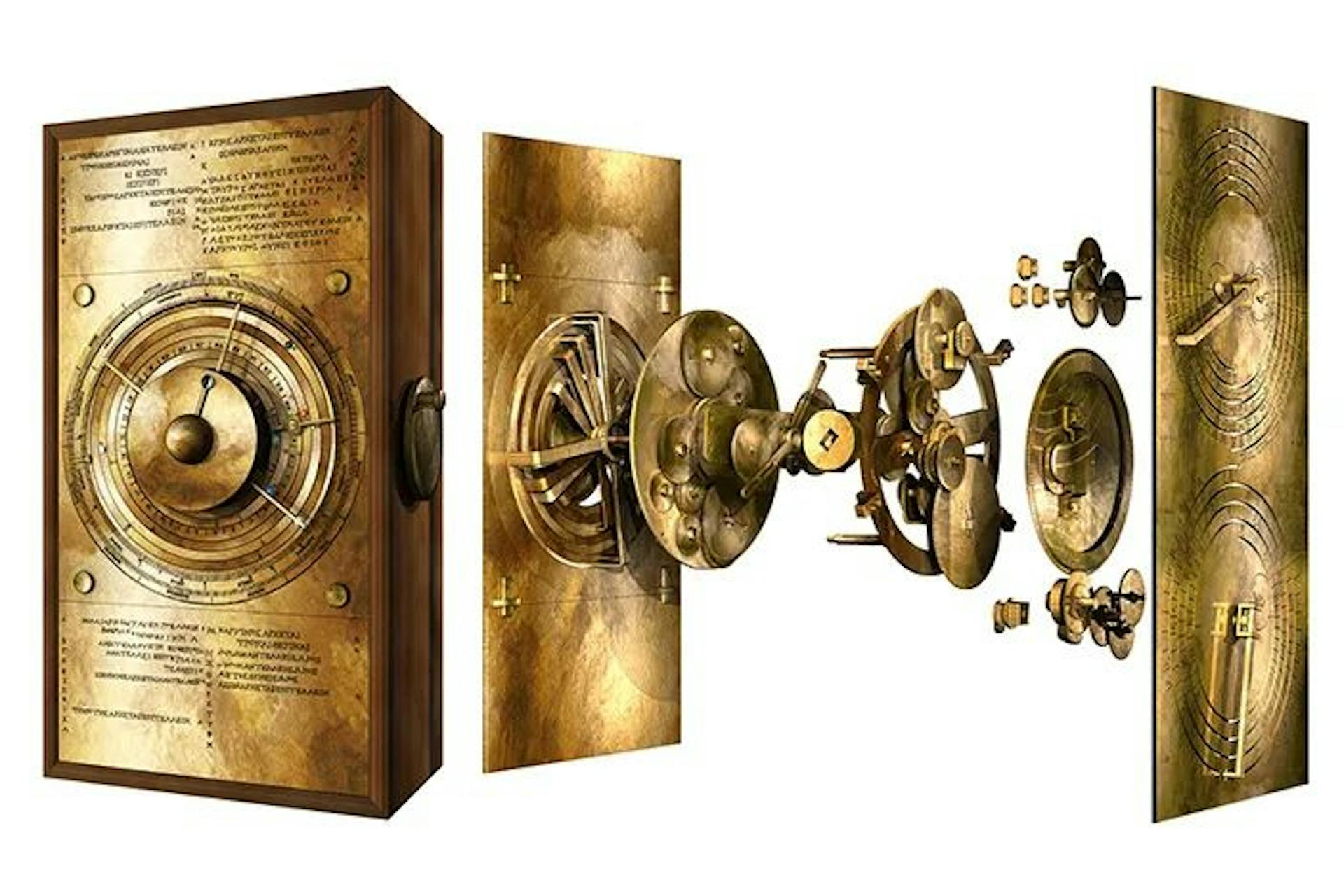 A digital reconstruction of the Antikythera Mechanism's front (left) and back (right) faces, with an exploded diagram of its complicated gearing. The discovery of the Antikythera Mechanism proved that the ancient Greeks had attained previously unimaginable levels of technological expertise.