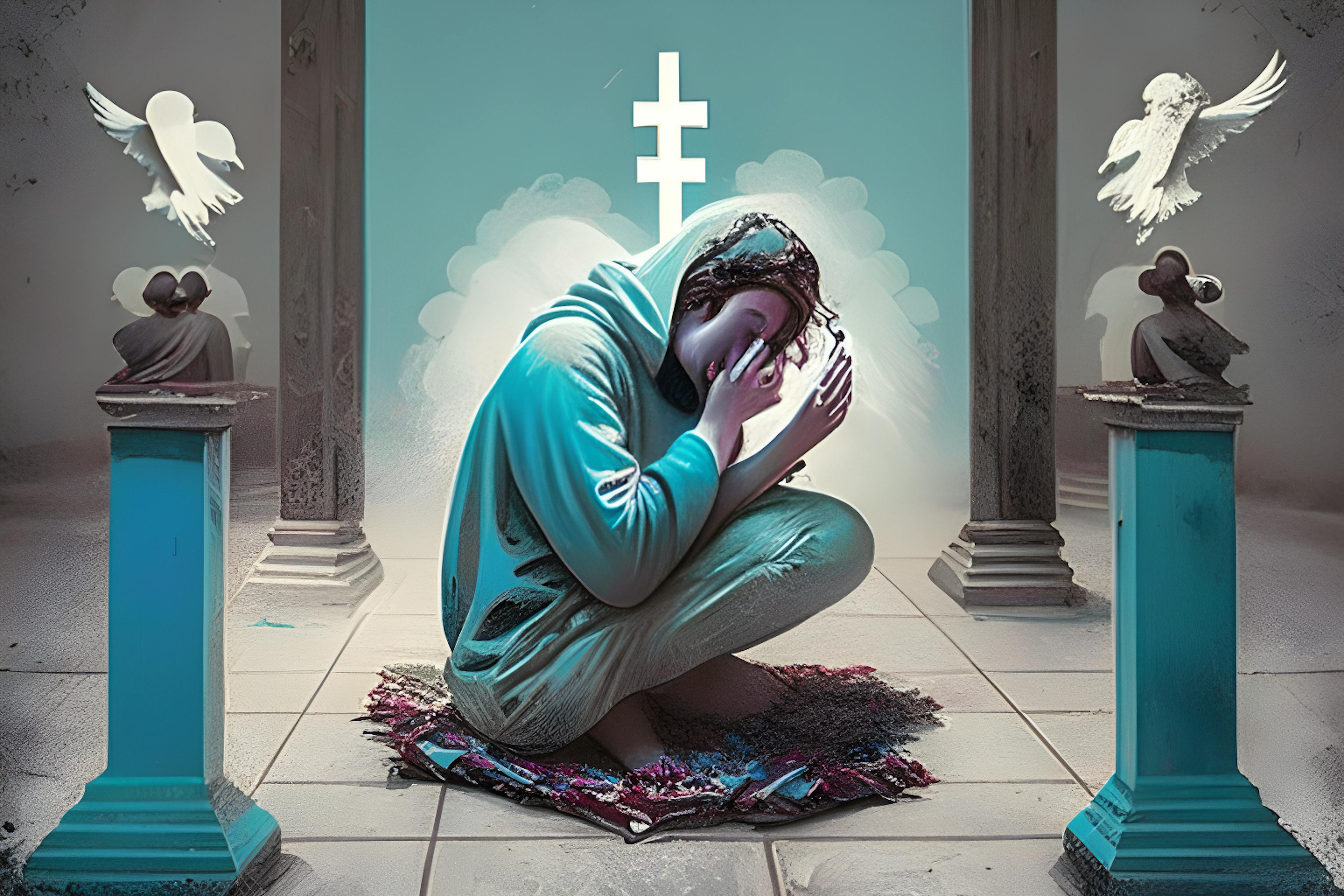 HackerNoon AI Image Generation, Prompt "Une personne accro aux médias sociaux priant les dieux"