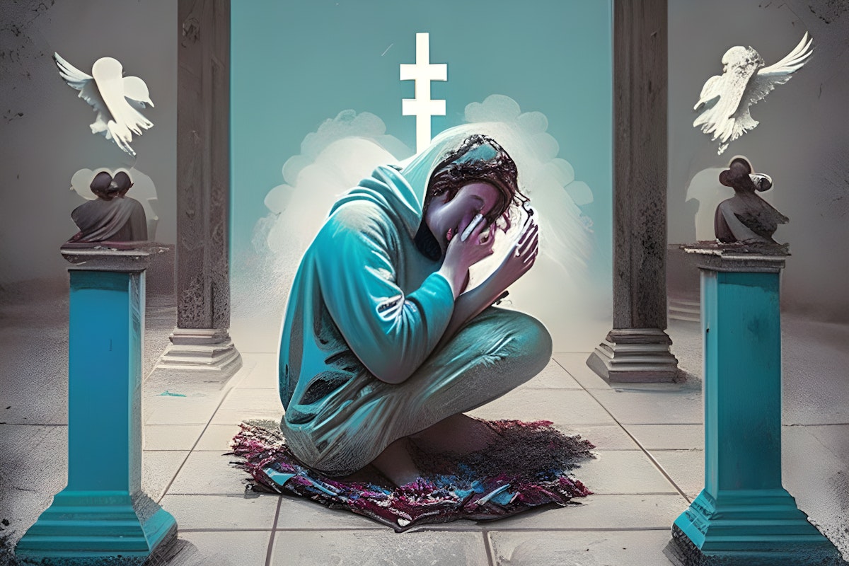 HackerNoon AI Image Generation, Prompt "A person addicted to social media praying to the gods"