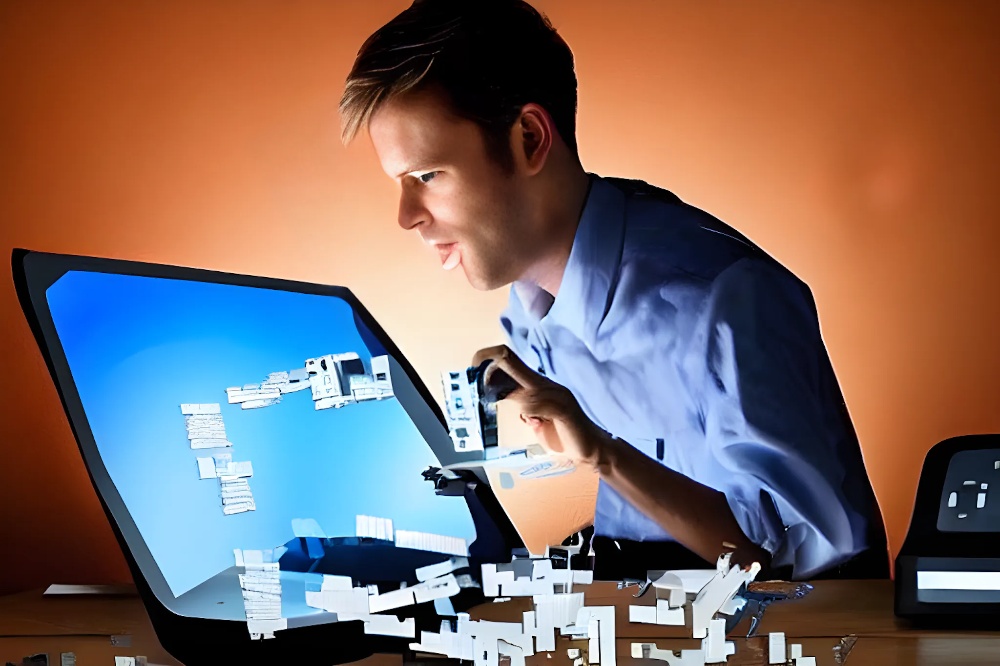 a pixelated man learning about a desktop computer by breaking it apart ...