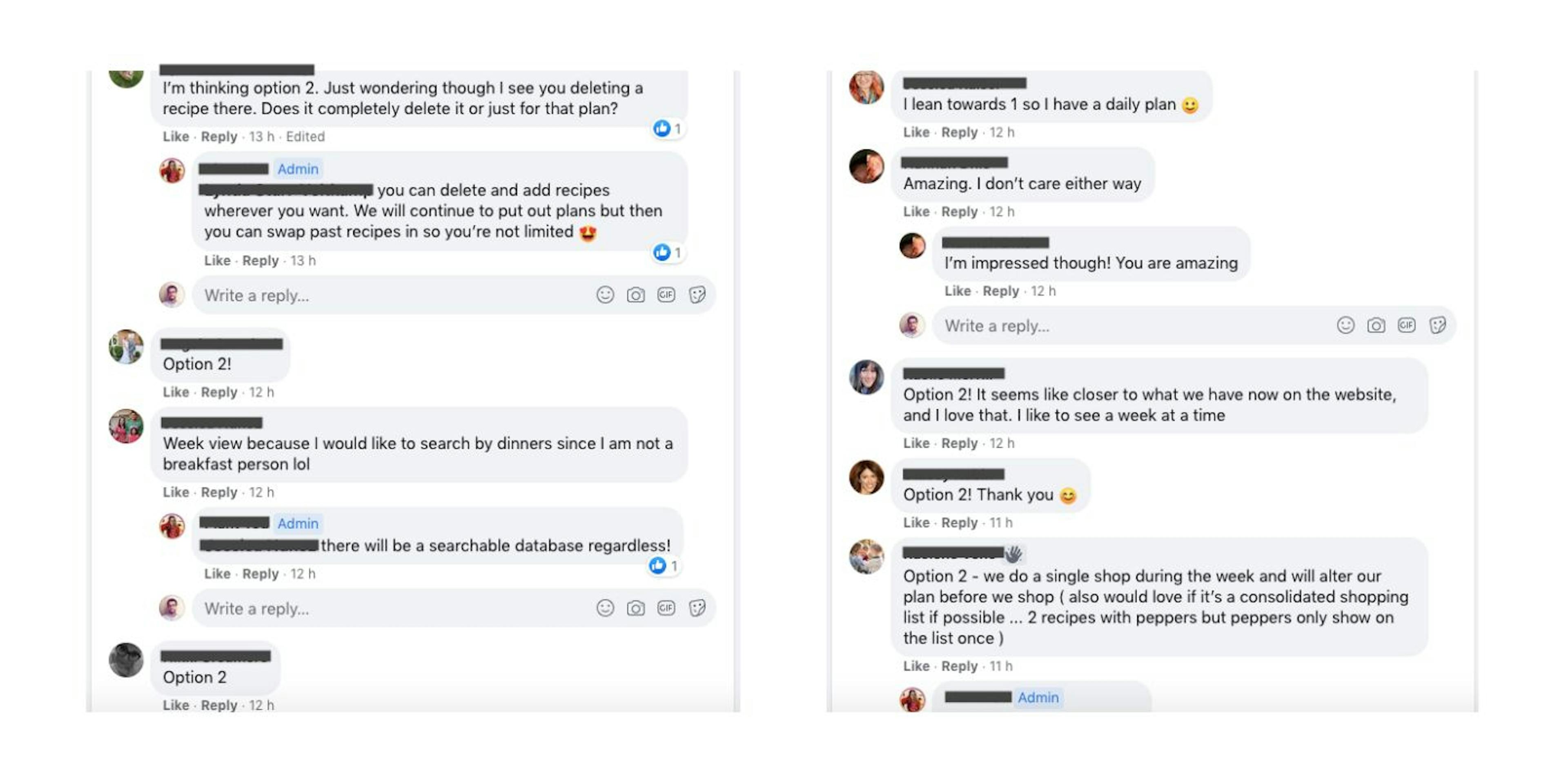Exemplo de respostas de pesquisa no grupo de um cliente no Facebook