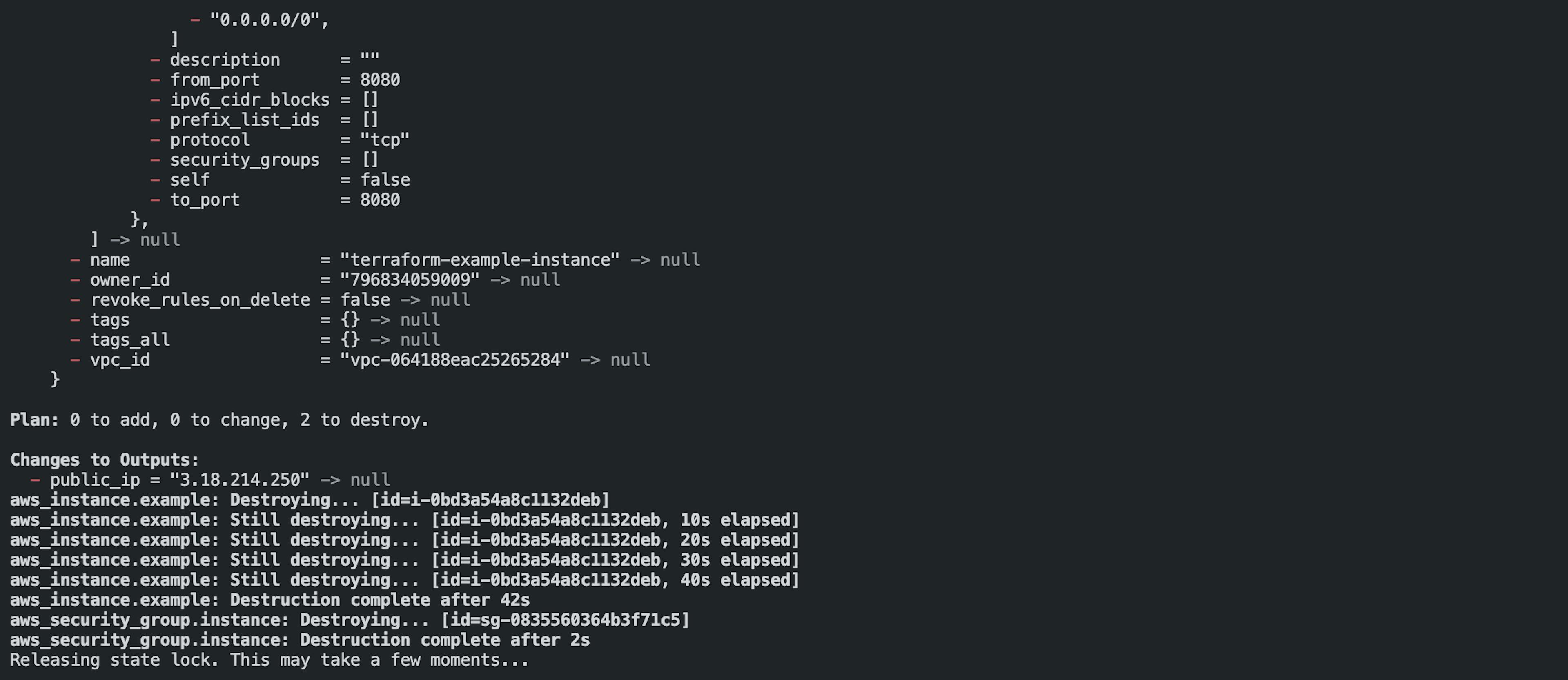 Running terraform destroy on EC2 instance 