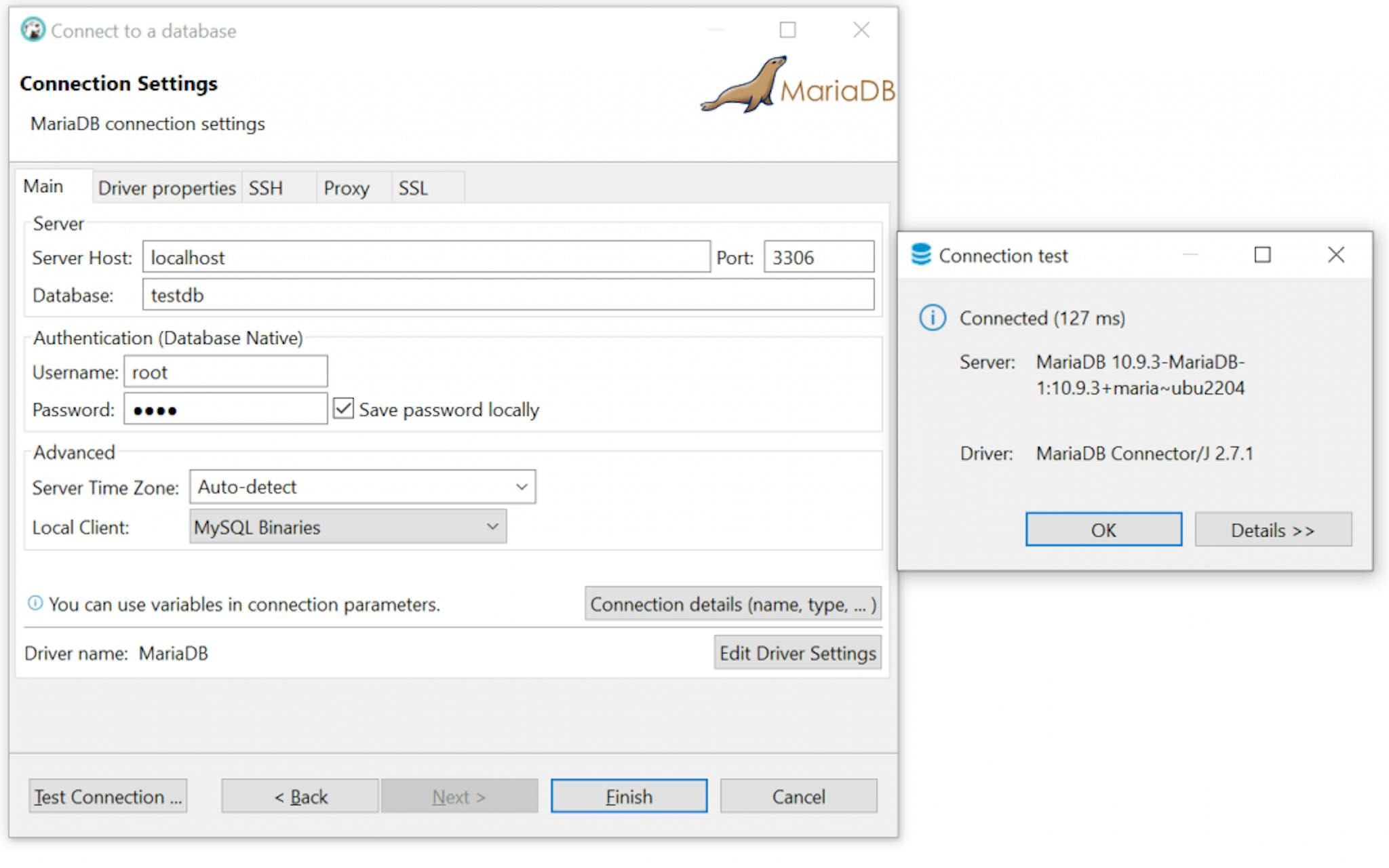 Test connection to MariaDB