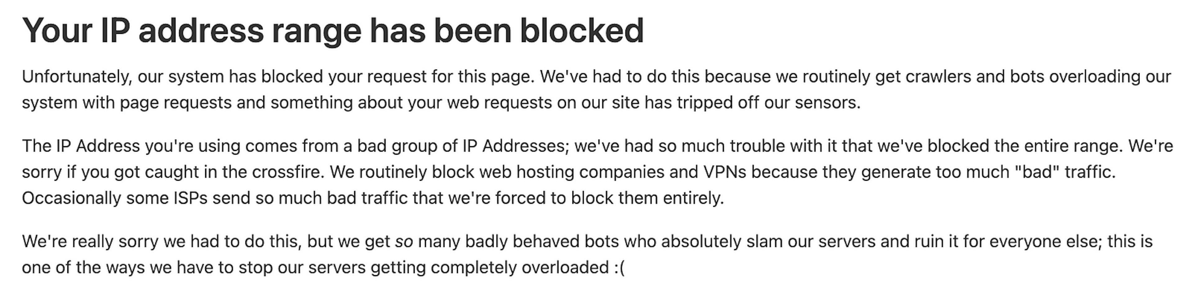 A website blocking datacenter IP addresses. Image by Author.