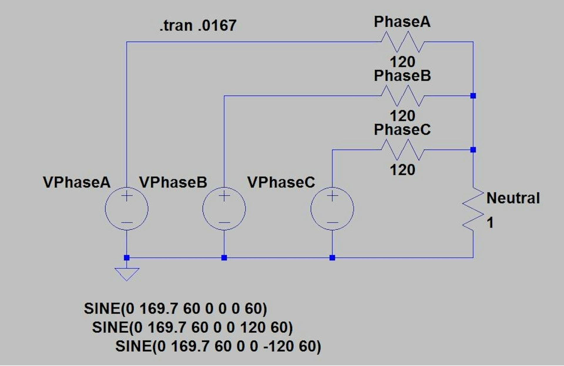 Figure 7 — LTspice model of 3 phase, “WYE” connected load.