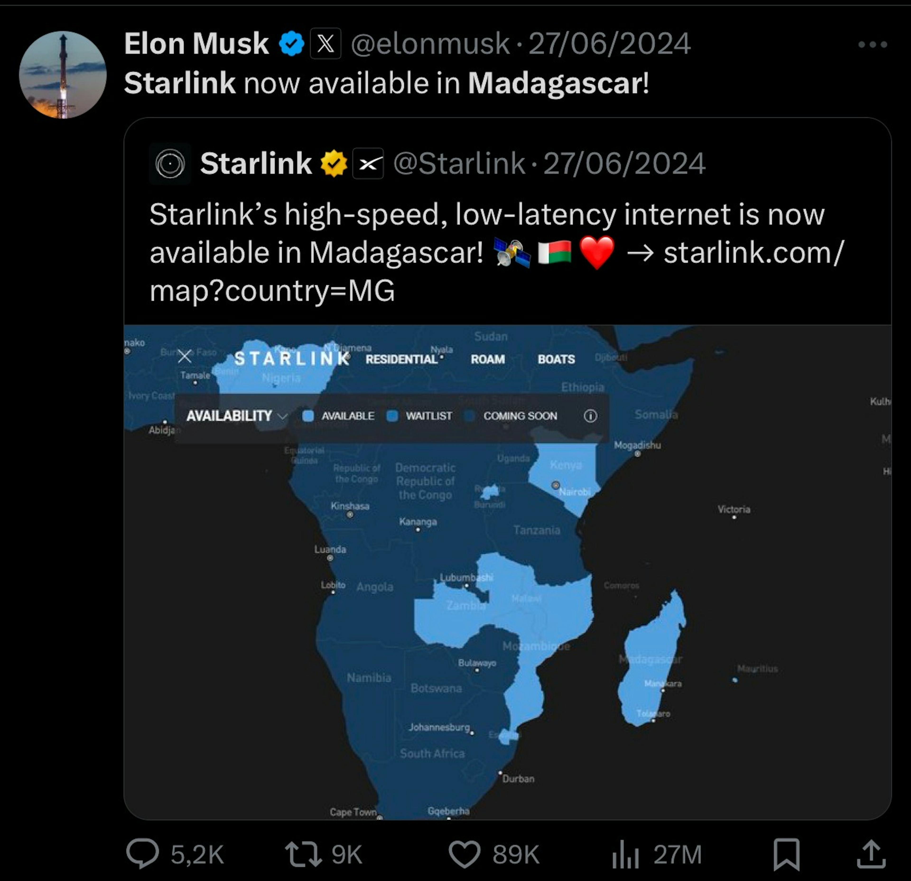 A post from Elon Musk anouncing Starlink debut in Madagascar