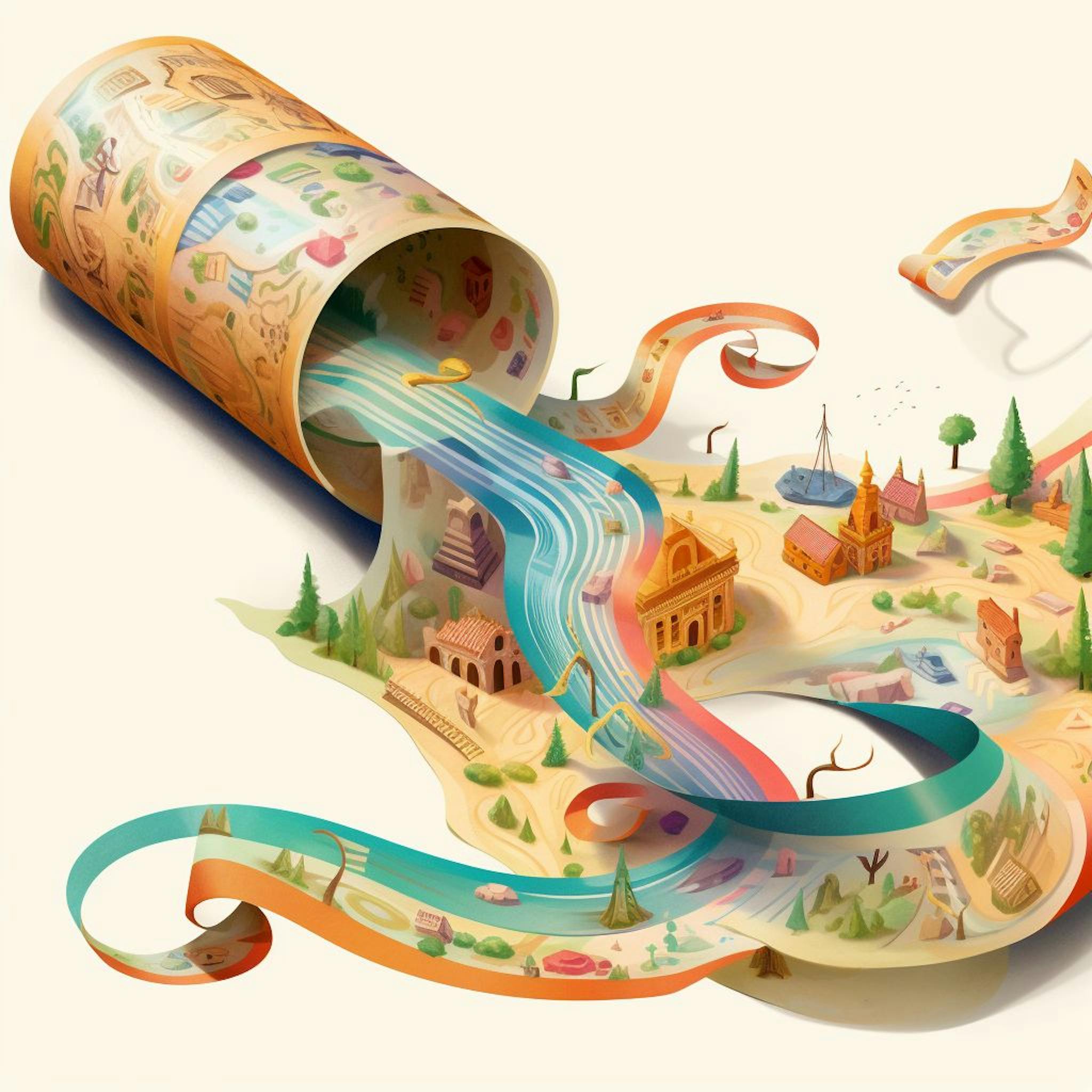 Midjourney v5: “painterly illustration of a long printed scroll of paper turning into a colorful ribbon that contains imaginative fantasy locations”