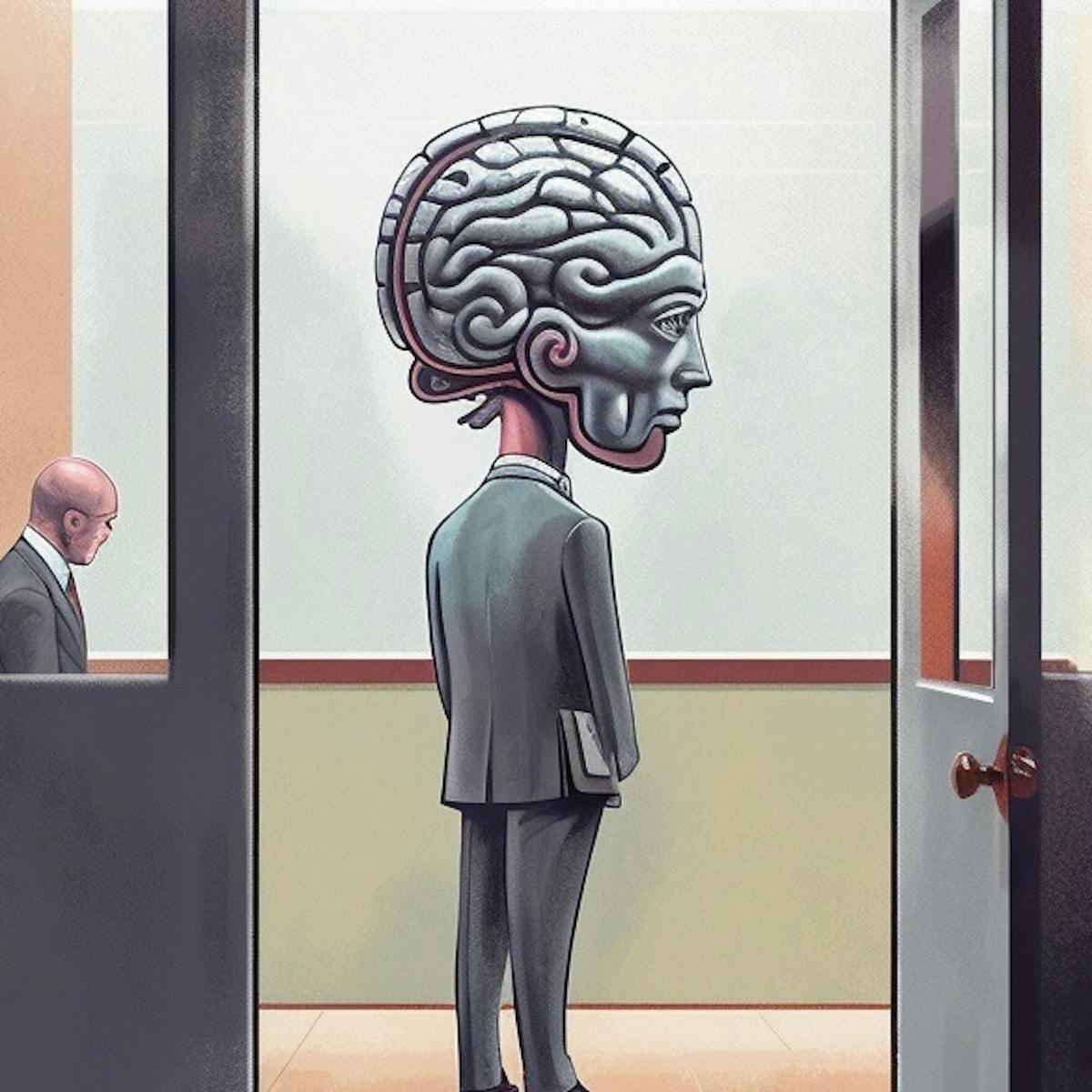 Midjourney v5: “painterly illustration of a floating robot brain watching as a laid-off worker exits the front office door”