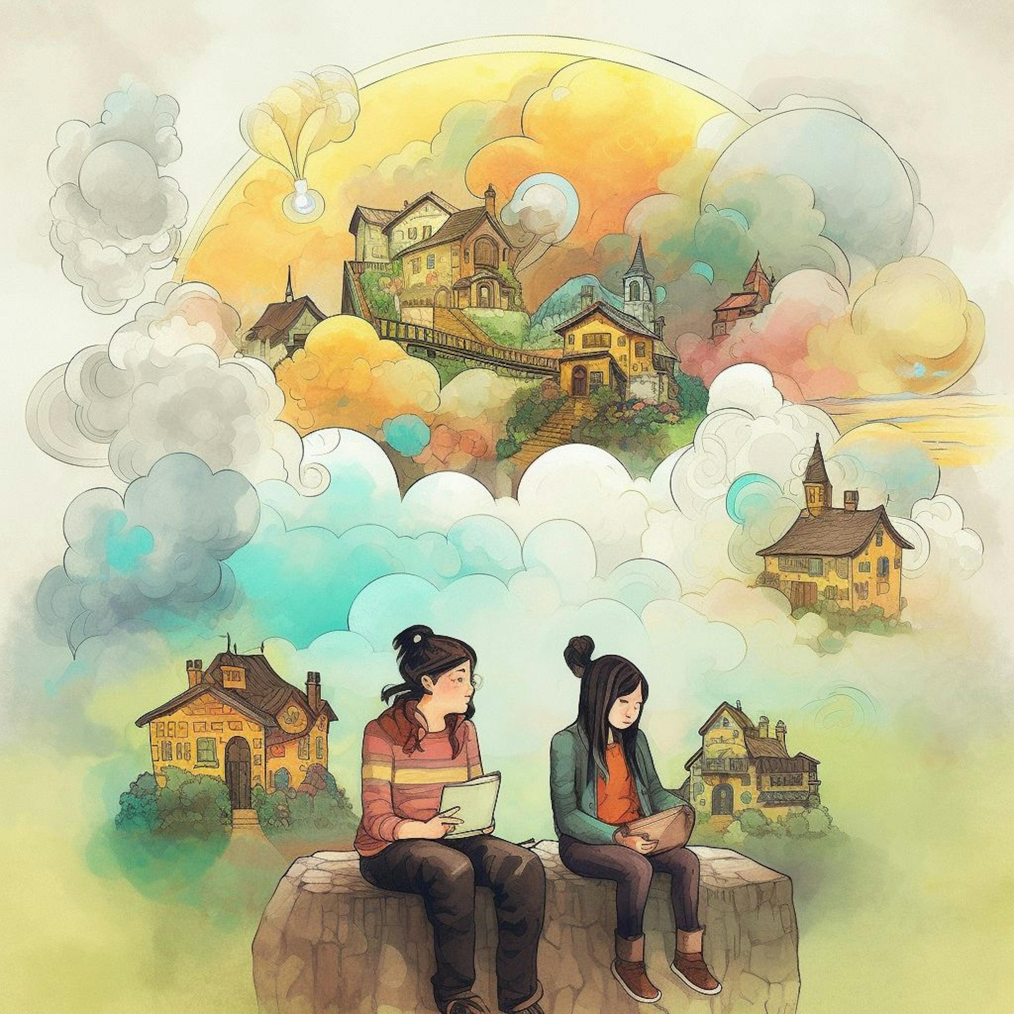 Midjourney v5: “painterly illustration of four people with thought bubbles filled with imaginative fantasy locations”