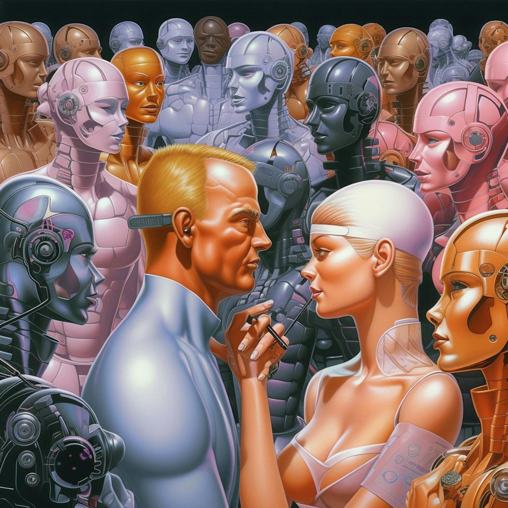 Midjourney v5: "painterly illustration of exact replicas of dozens of different cybernetic couples having arguments"