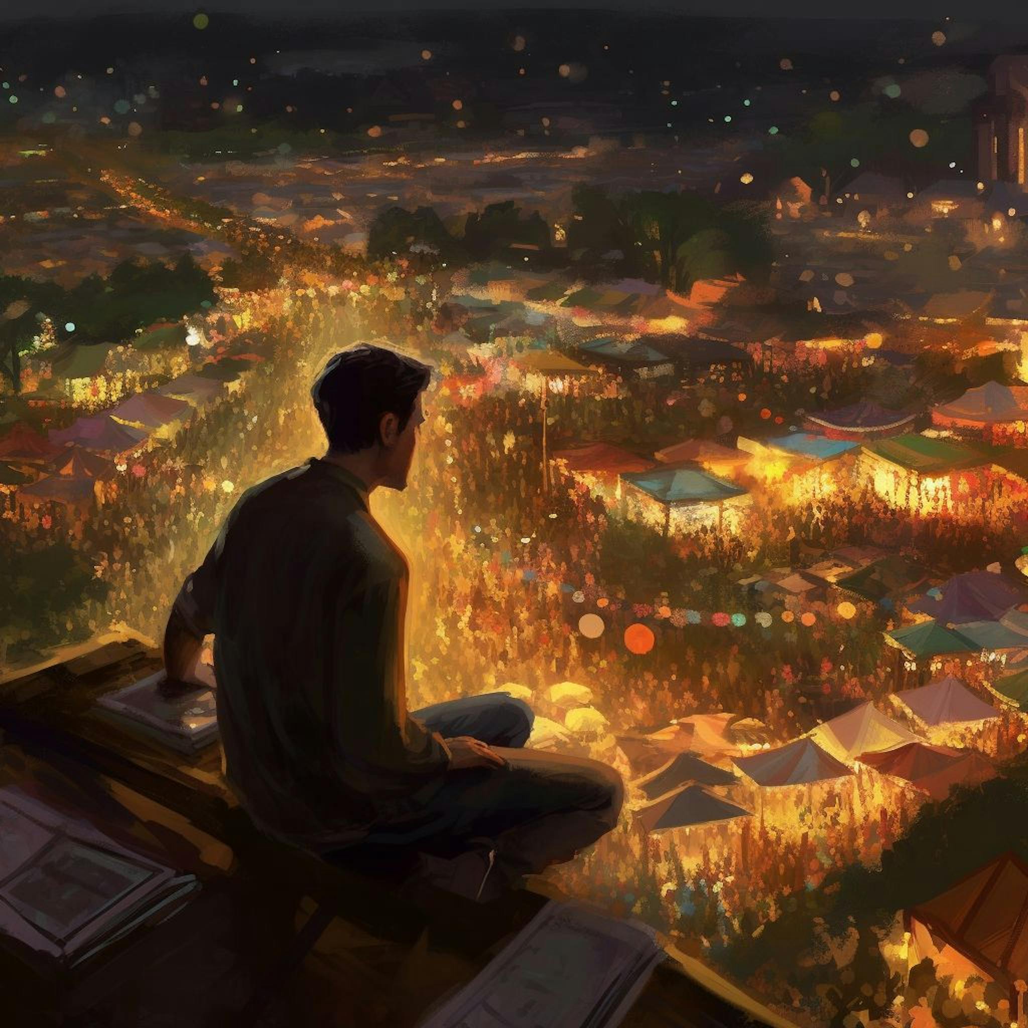 Midjourney v5: “painterly illustration of a lonely person in the foreground looking down onto an imaginative fantasy festival below”