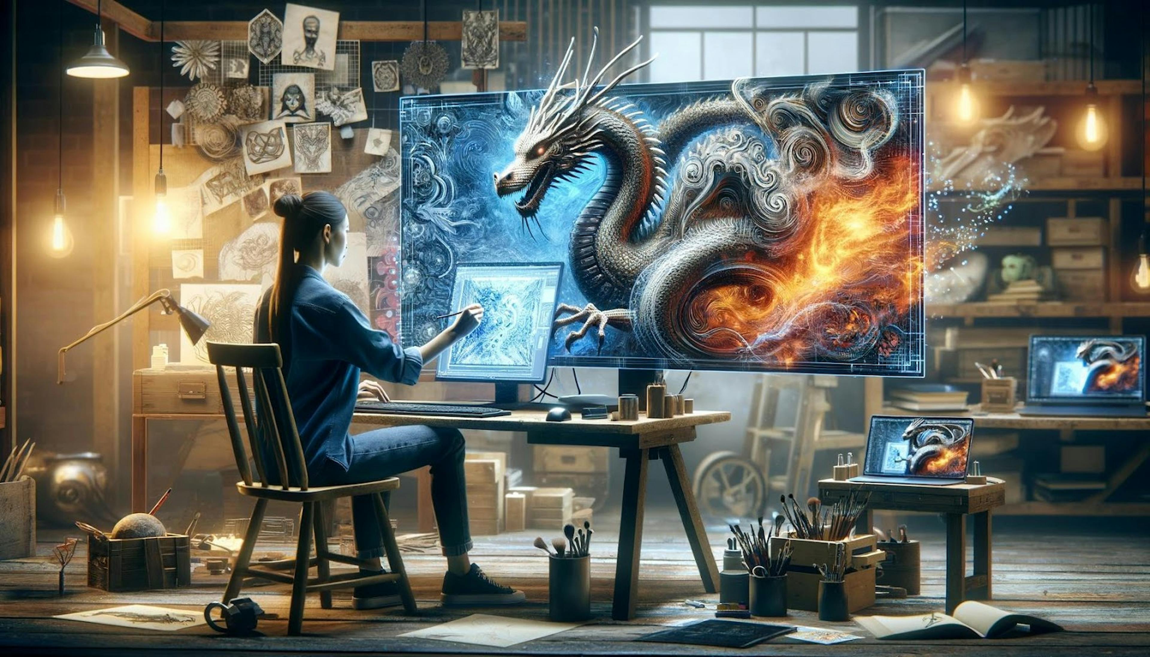アーティストが AI でドラゴンを描く by zbruceli