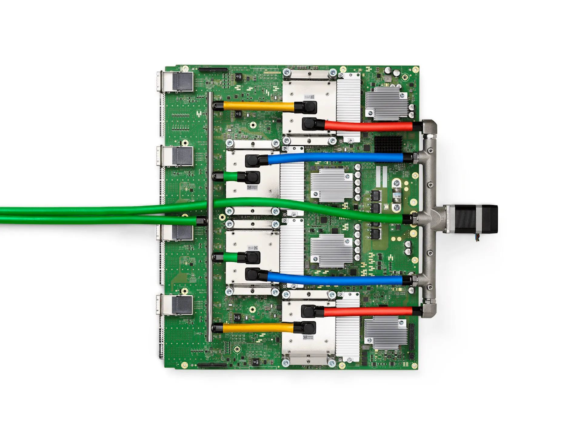 A Google TPU v4 board — four liquid-cooled packages, each an ASIC surrounded by four stacks of HBM. The canonical proprietary frontier accelerator stacks the industry's scarcest inputs at once. Image: N. P. Jouppi et al. / Wikimedia Commons (CC BY 4.0)