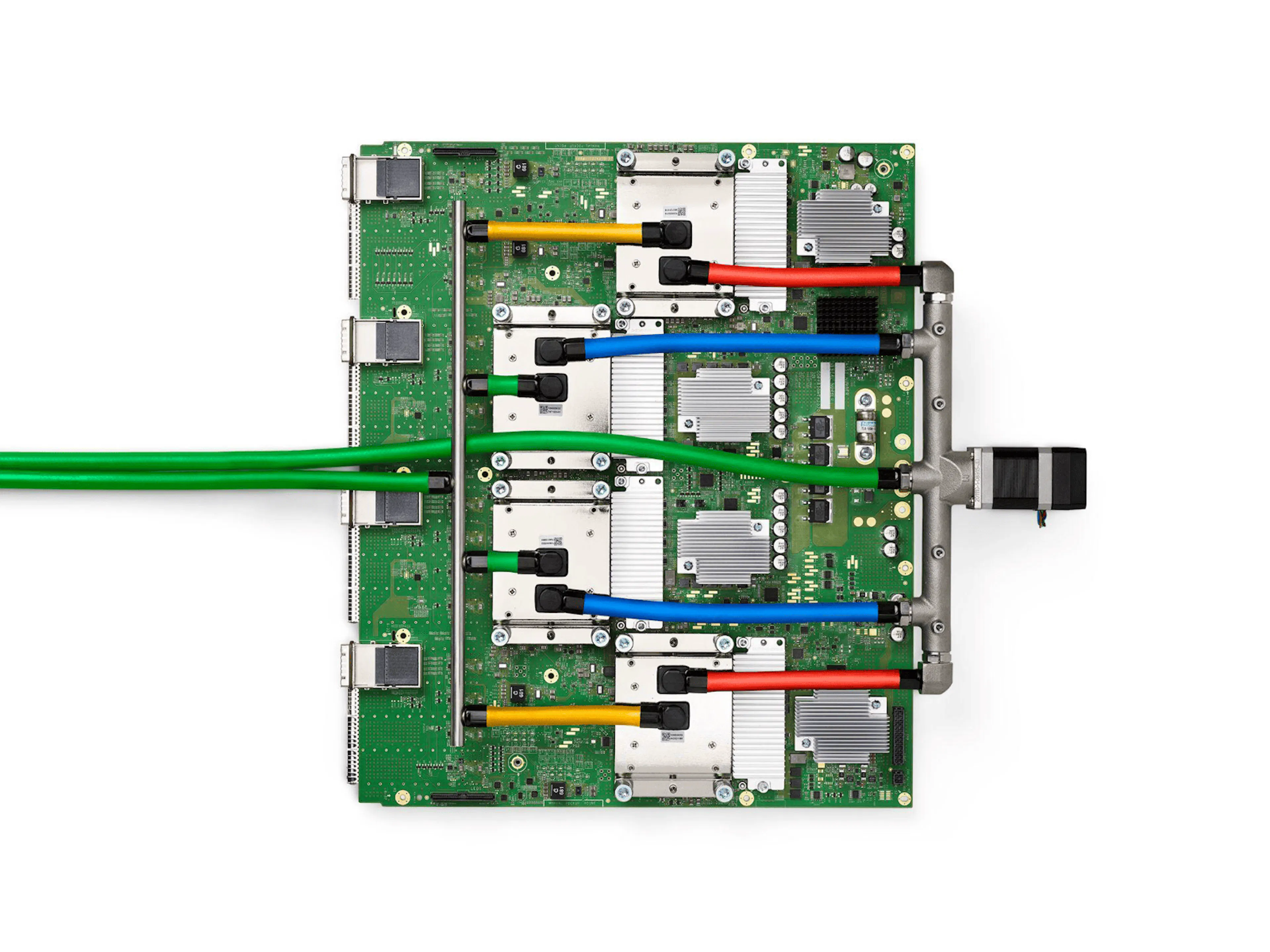 A Google TPU v4 board — four liquid-cooled packages, each an ASIC surrounded by four stacks of HBM. The canonical proprietary frontier accelerator stacks the industry's scarcest inputs at once. Image: N. P. Jouppi et al. / Wikimedia Commons (CC BY 4.0)