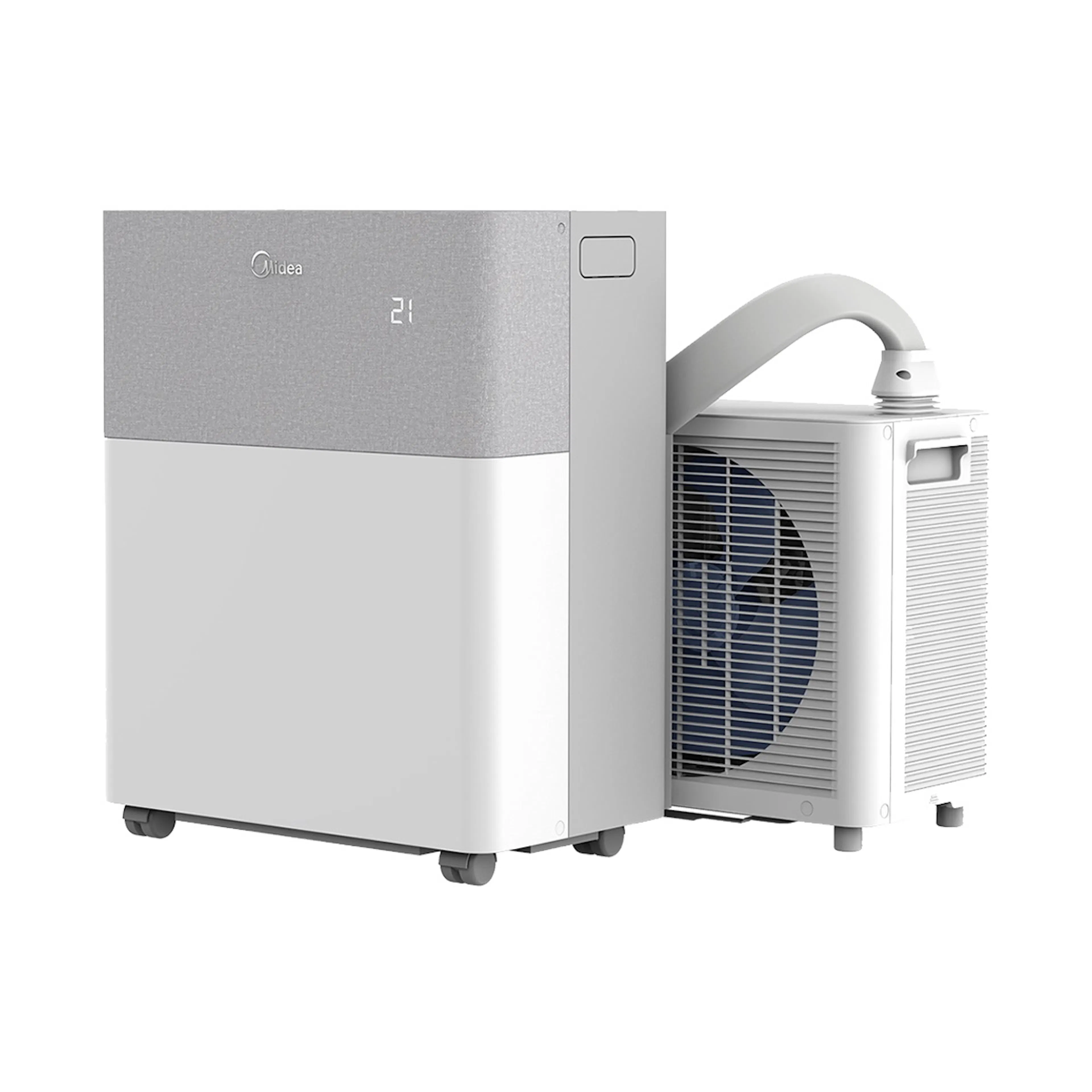 The Midea PortaSplit portable air conditioner, showing its rolling indoor unit and compact window-mounted outdoor module