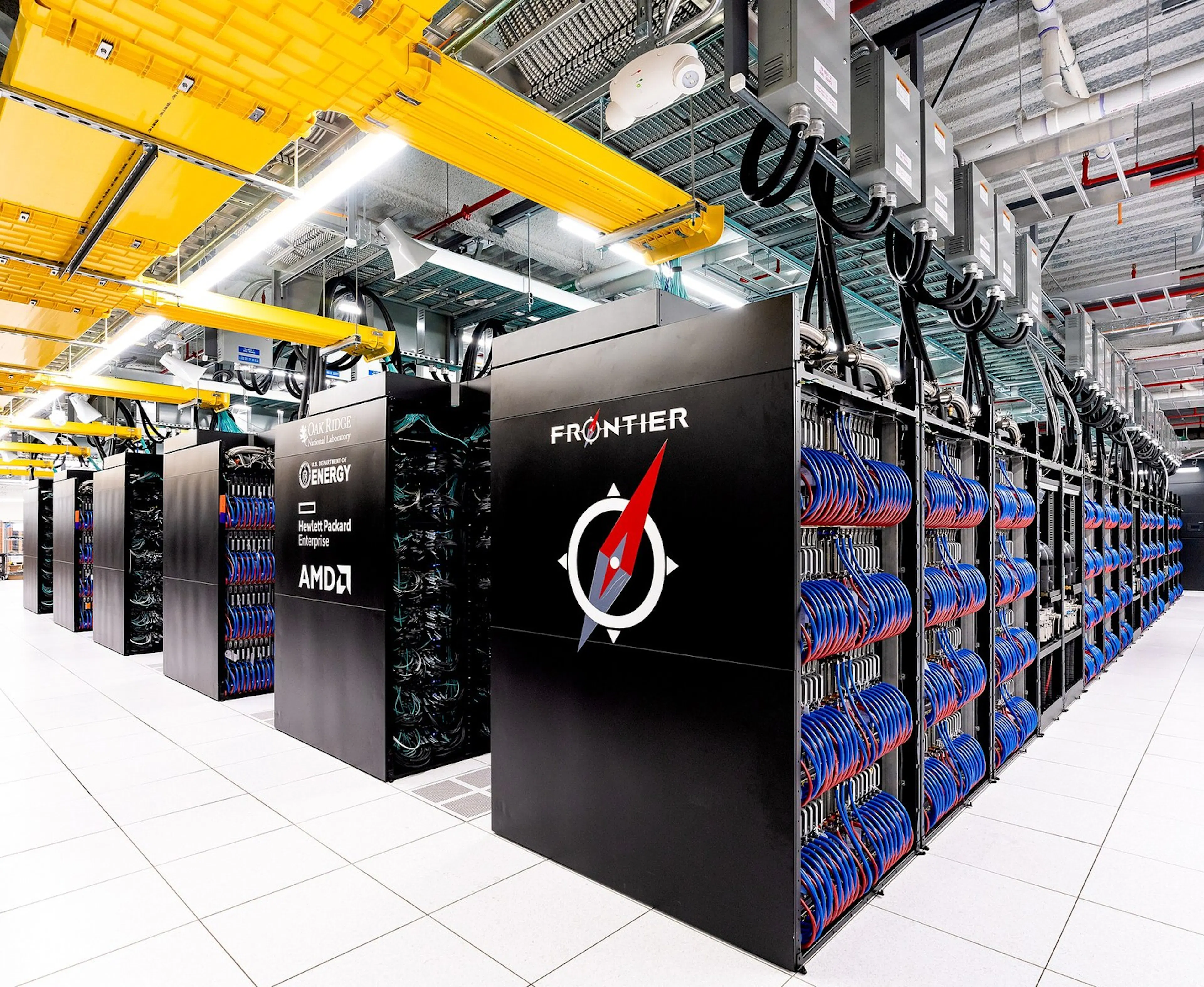 Rows of cabinets in the Frontier supercomputer at Oak Ridge National Laboratory