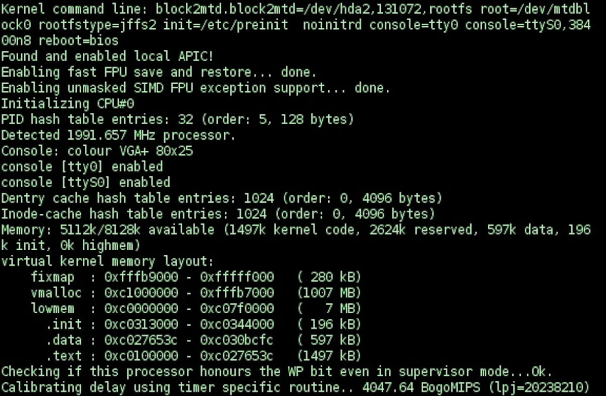 A Linux kernel booting inside QEMU. In 2011 Bellard did the same thing inside a browser tab, in pure JavaScript, and people had to check that it was real.