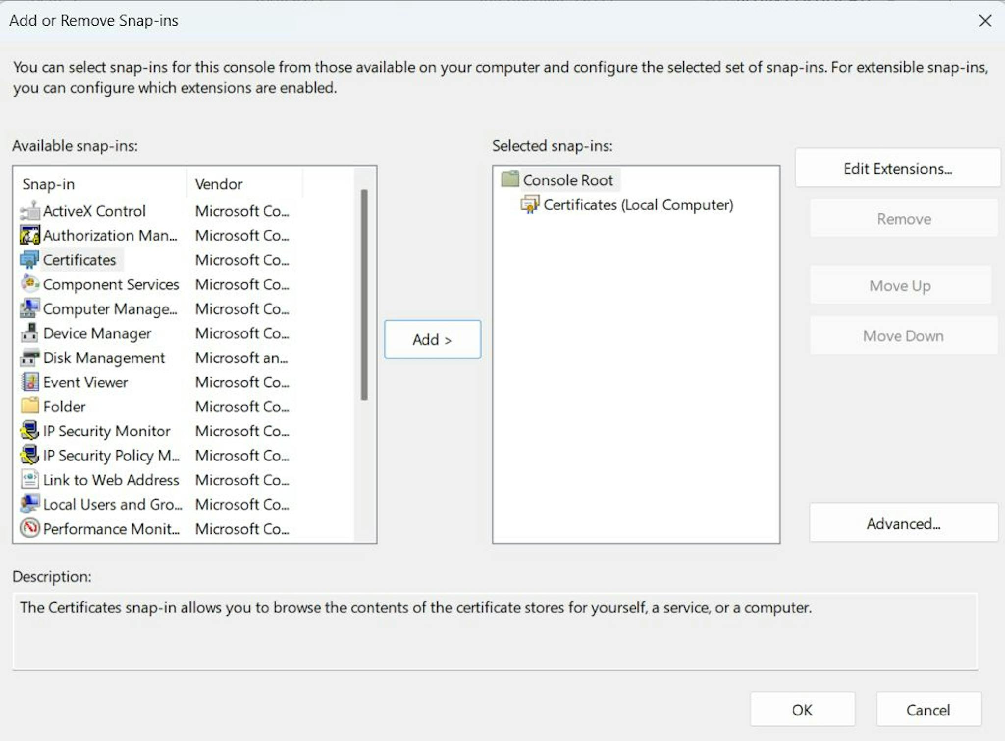 Certificates snap-in