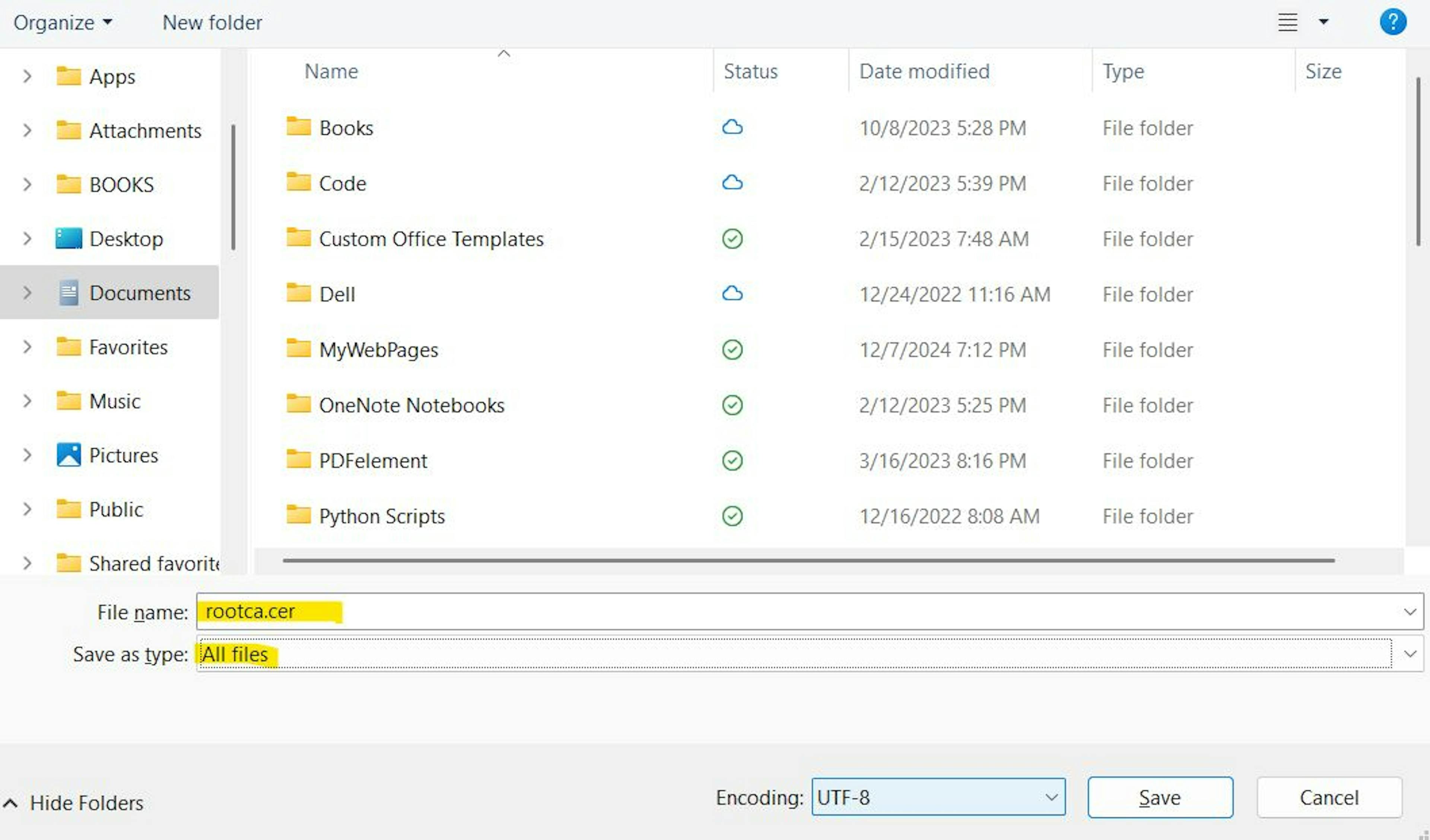 Save the files as .cer