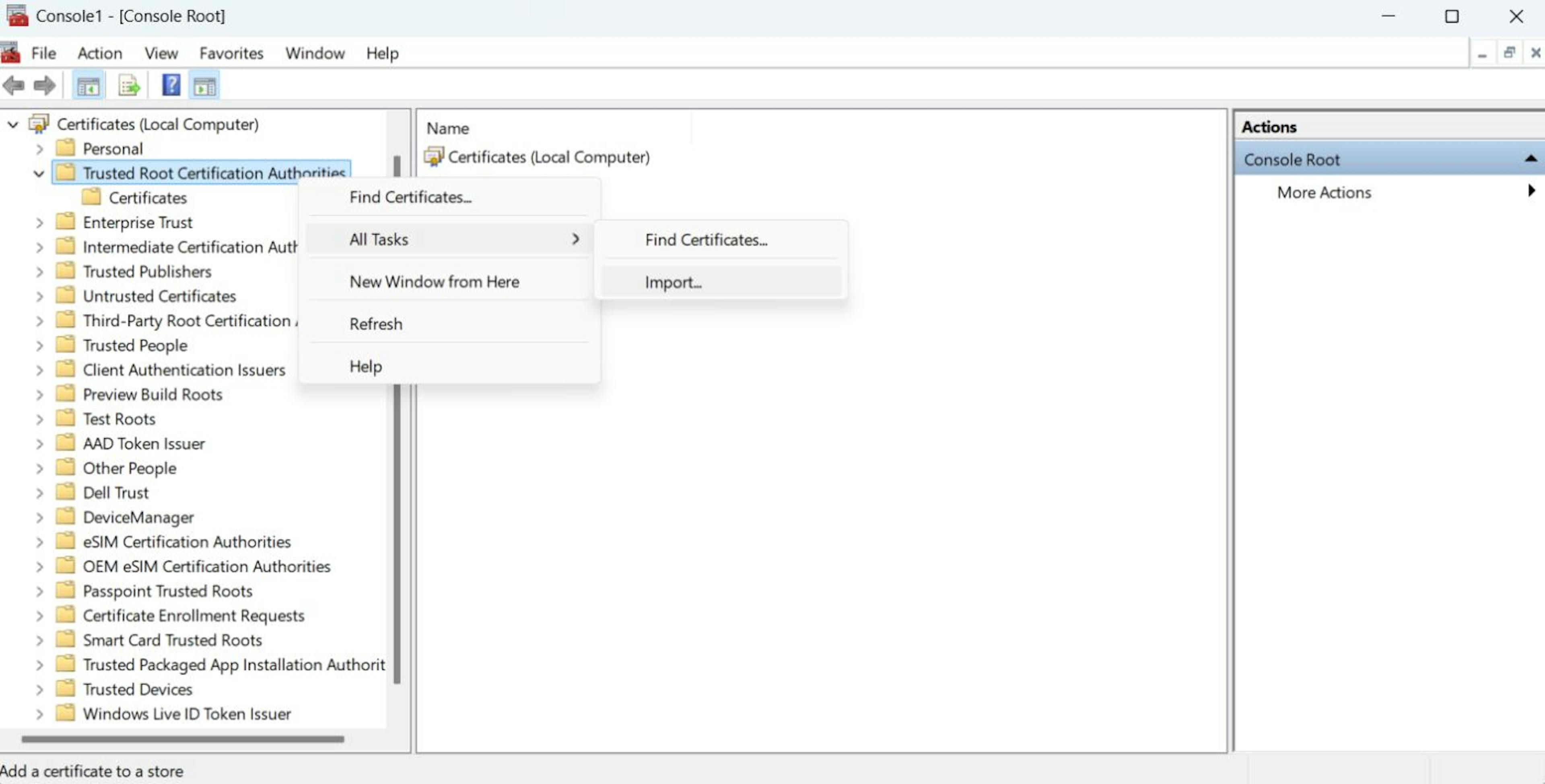 Import rootCA to Windows OS mmc console