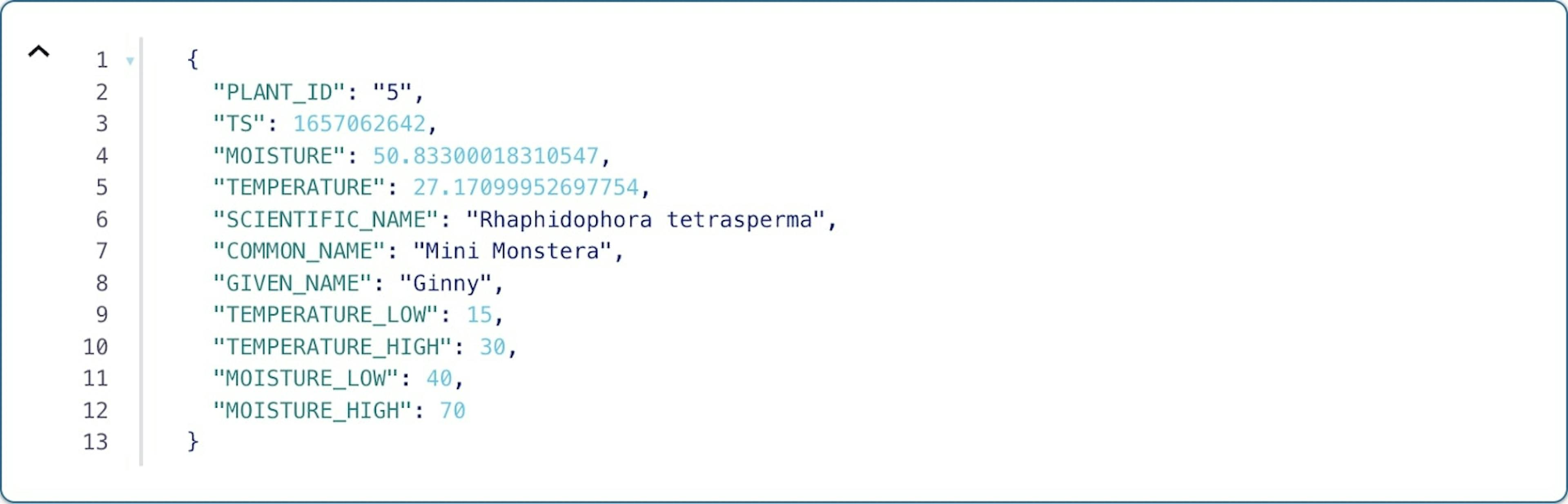 An example event output as a result of the query joining the plant readings and the plant metadata.