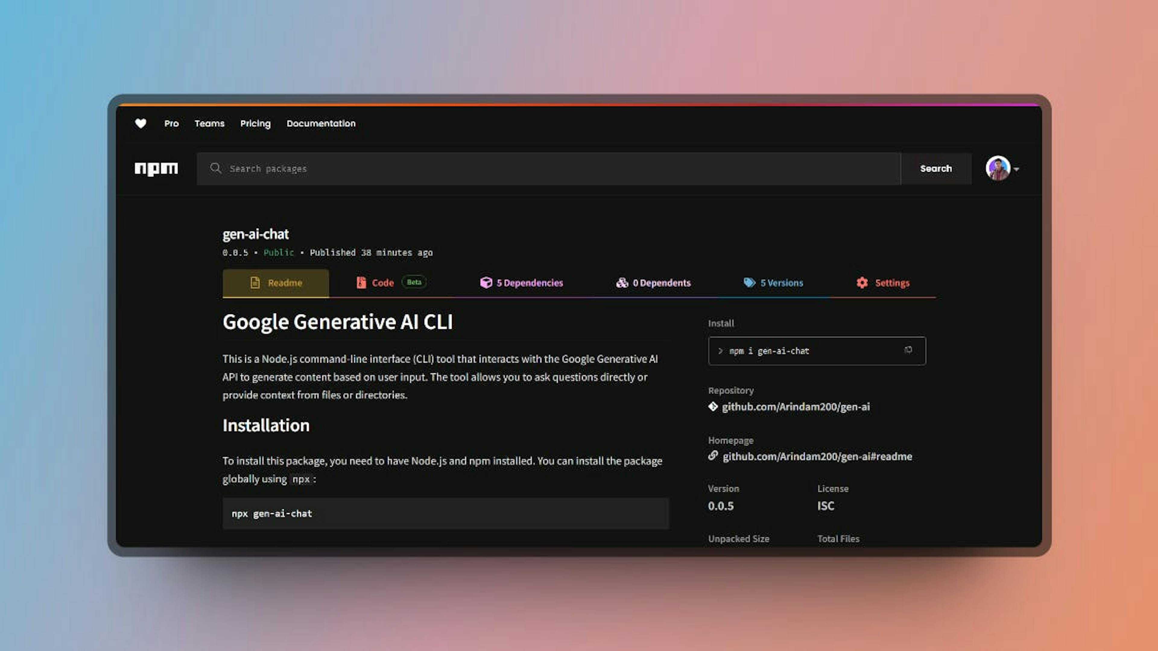 Screenshot of the npm package page for "gen-ai-chat," a Google Generative AI CLI. The page includes package details such as version 0.0.5, installation instructions, repository link, and dependencies. The page has a dark theme with options for Readme, Code, Dependencies, Versions, and Settings.