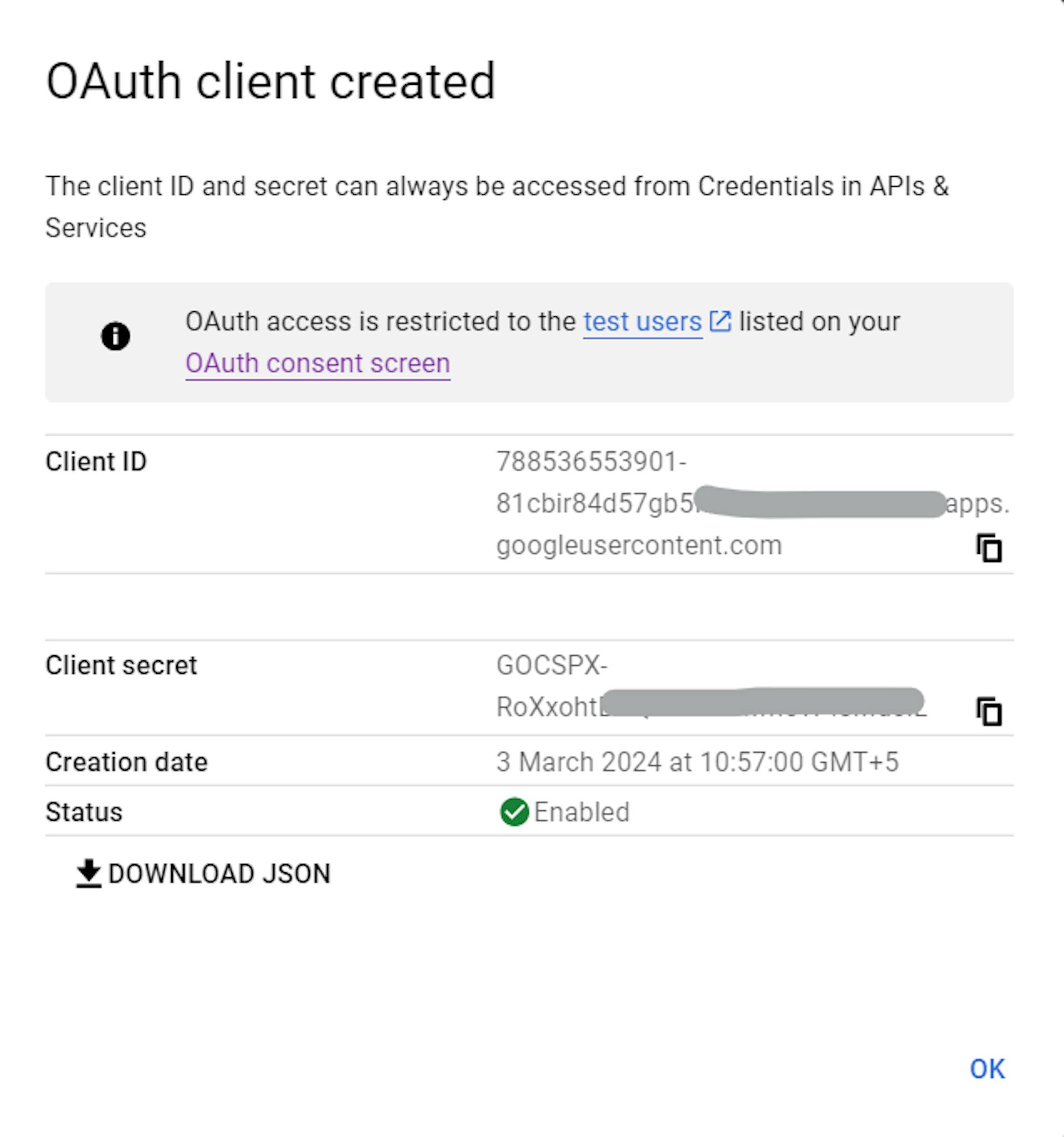 Client OAuth créé