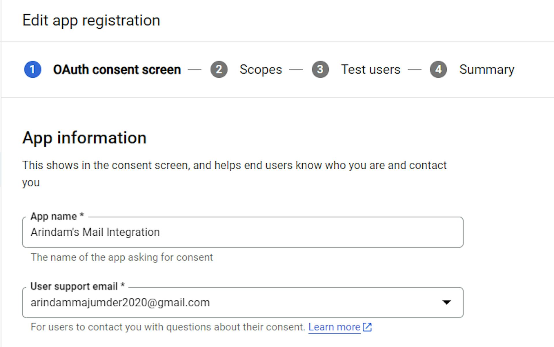 Page d'informations sur l'application