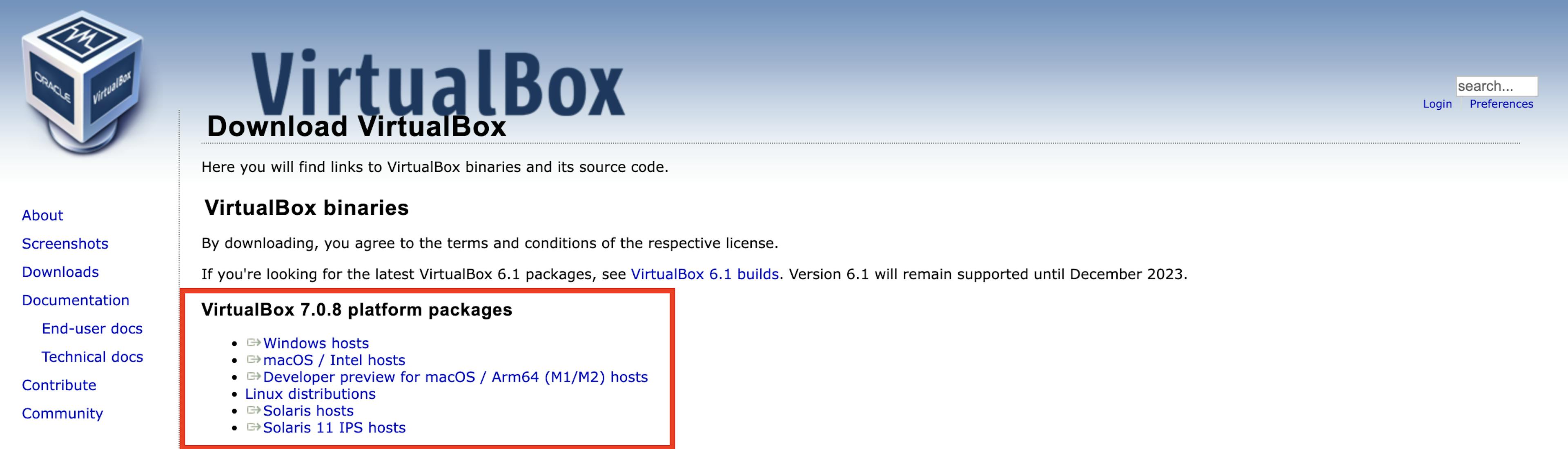 VirtualBox download page