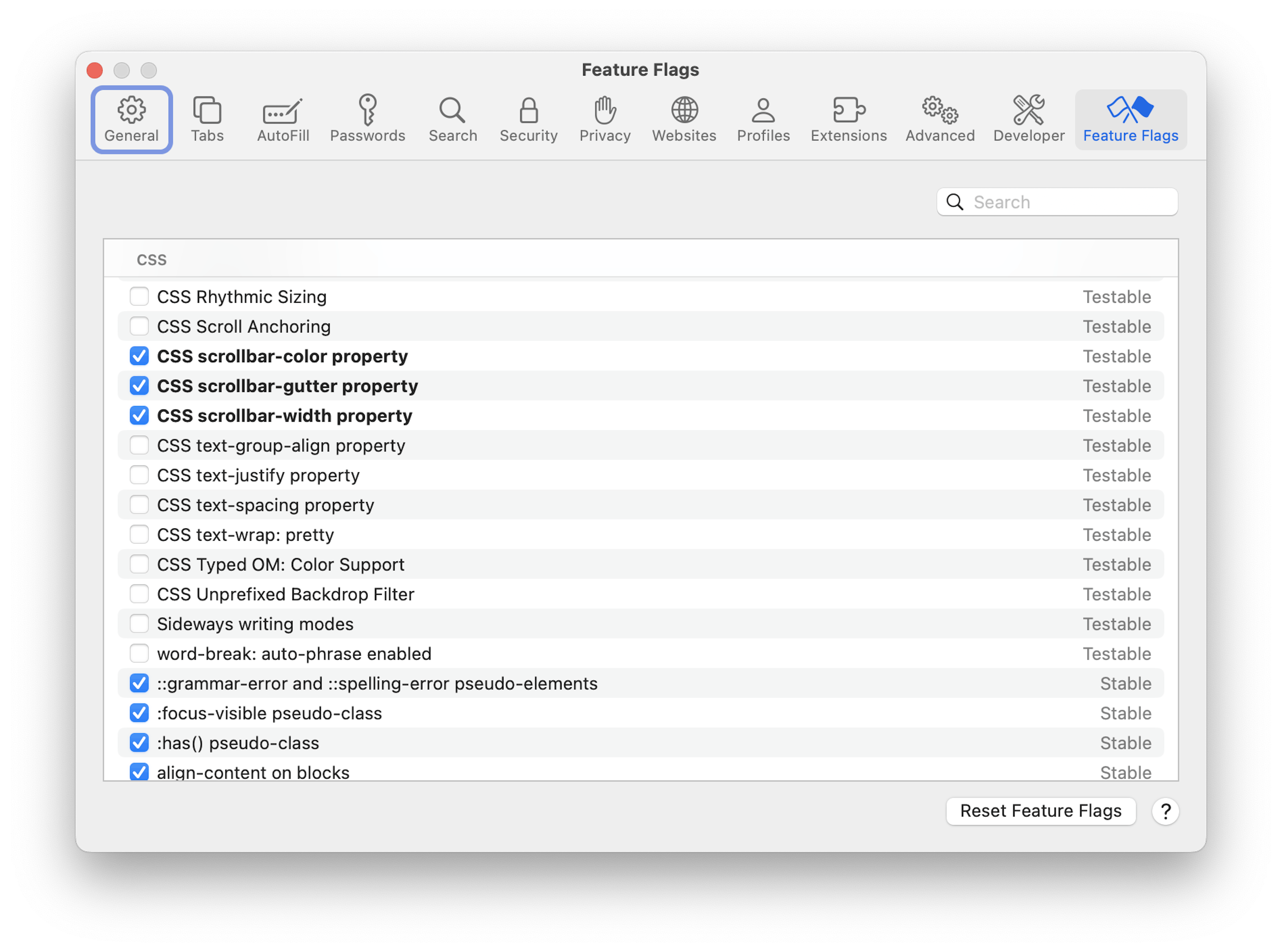 Safari Version 17.4.1 (19618.1.15.11.14), CSS scrollbar-* feature flags
